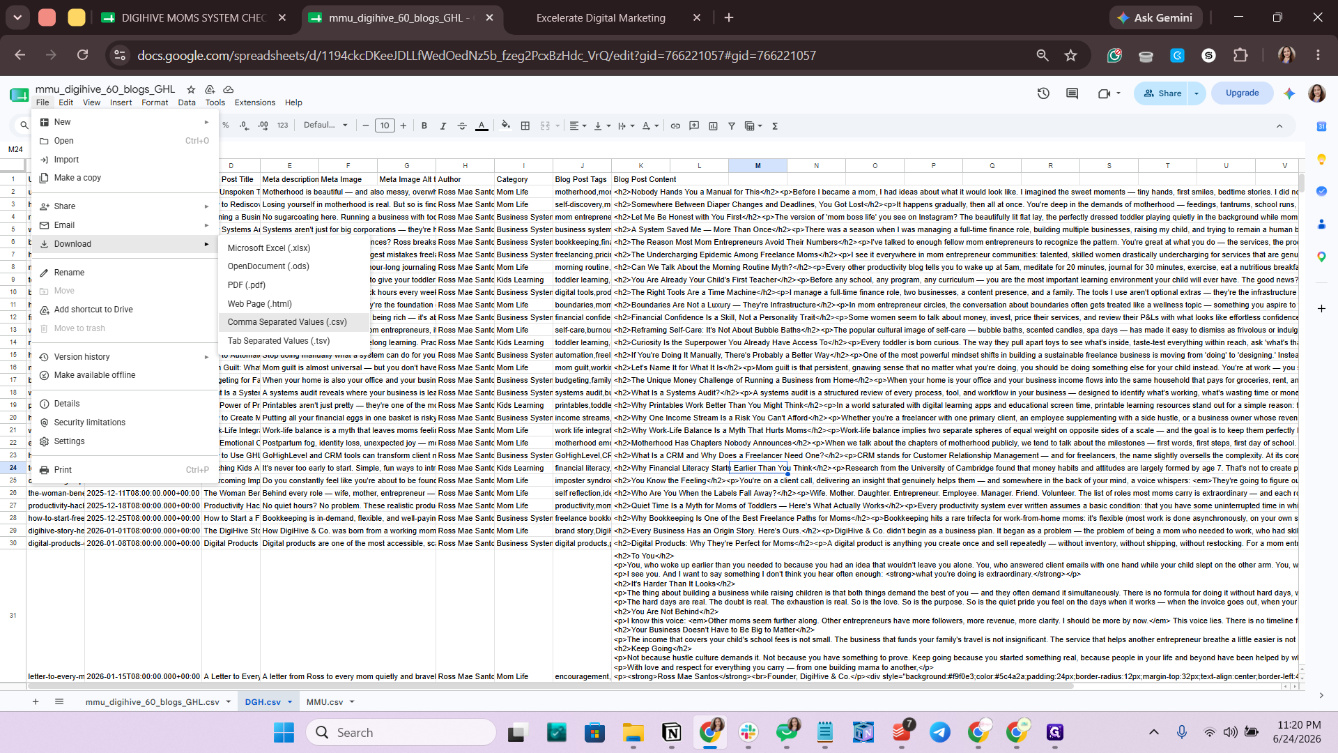 Step #3: Hover over Download and select Comma Separated Values (.csv) to save the sheet to your computer.