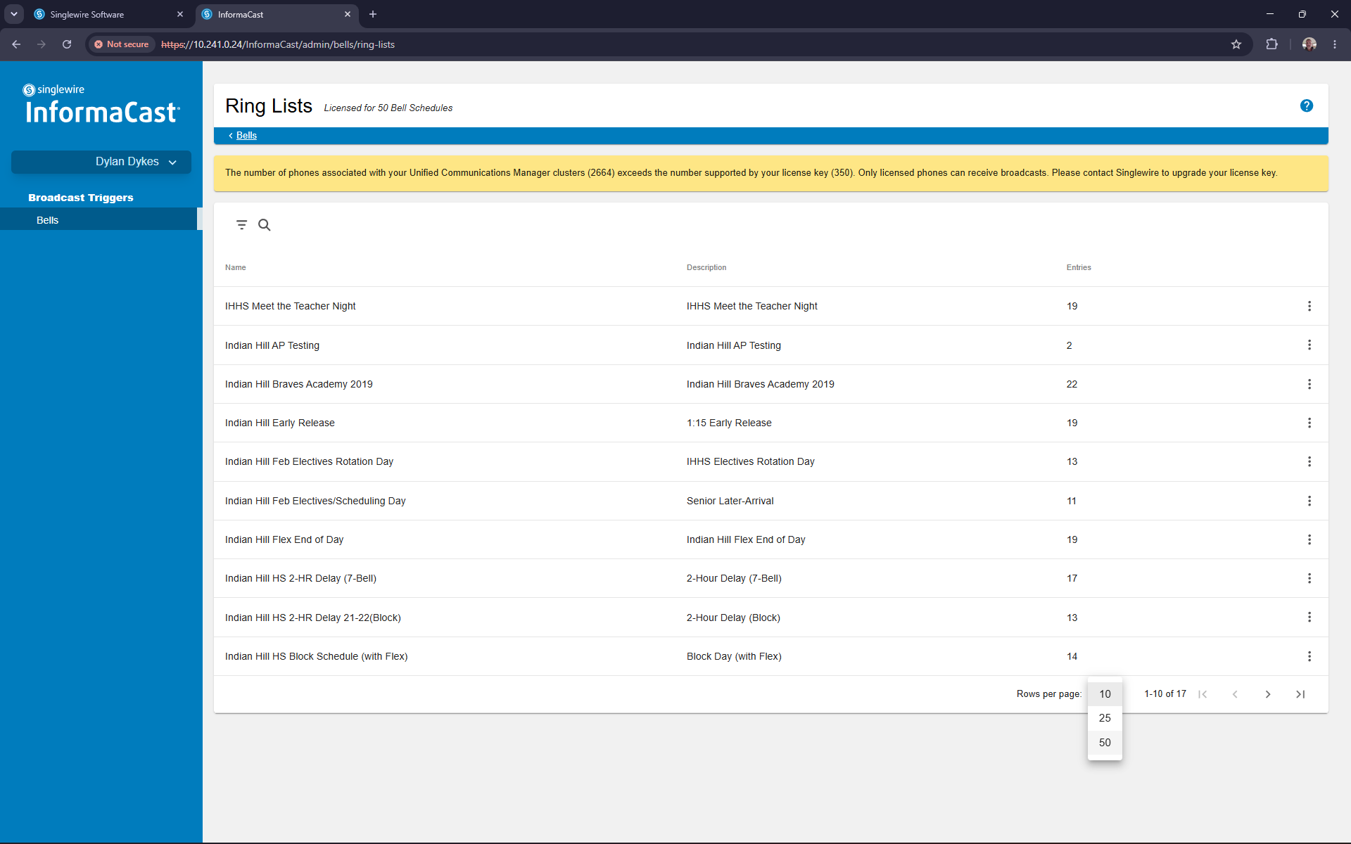 Step #12: If your list is long, click the Rows per page dropdown and select 50 to view all available ring lists.