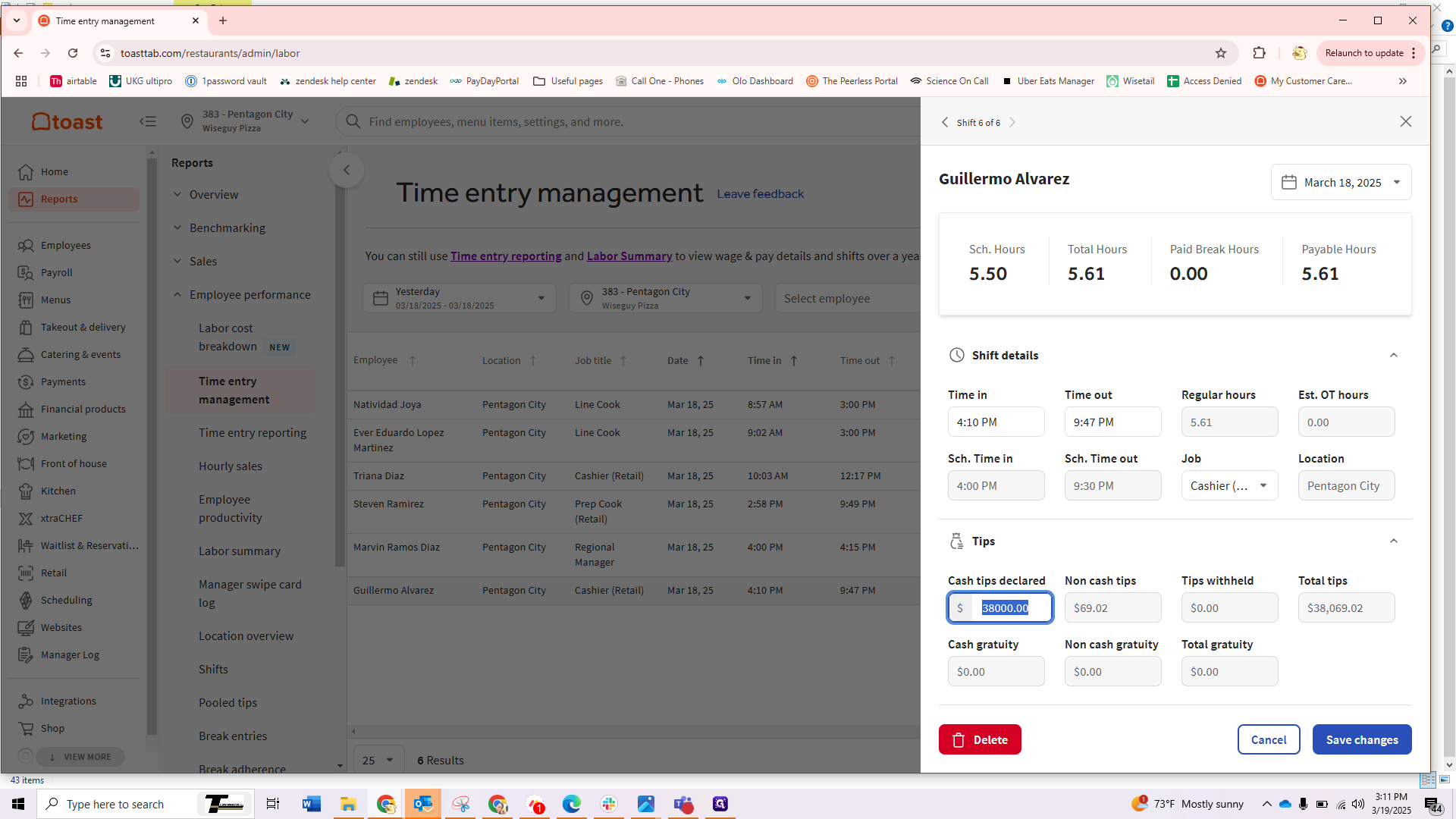 Step #7: Click on the "Cash Tips Declared" field and adjust to the correct amount, hit "Save Changes" and you're done!
