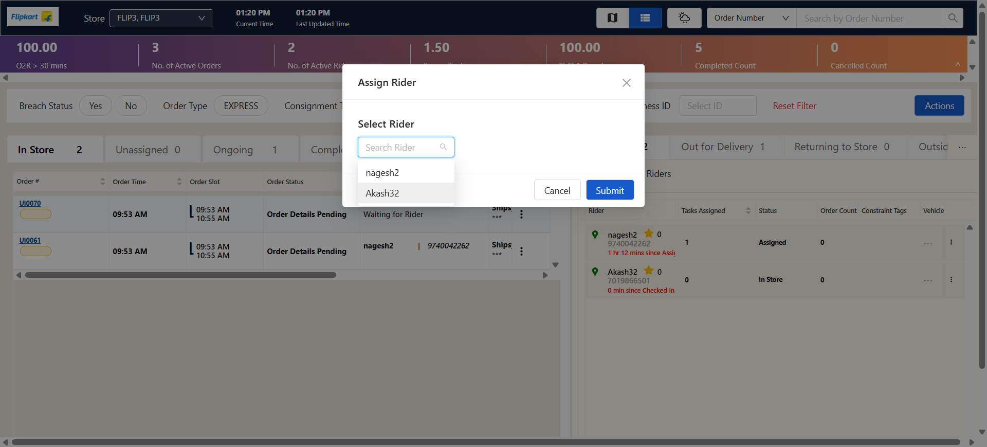 Step #38: Choose the riders from the available list to proceed with the order assignment.