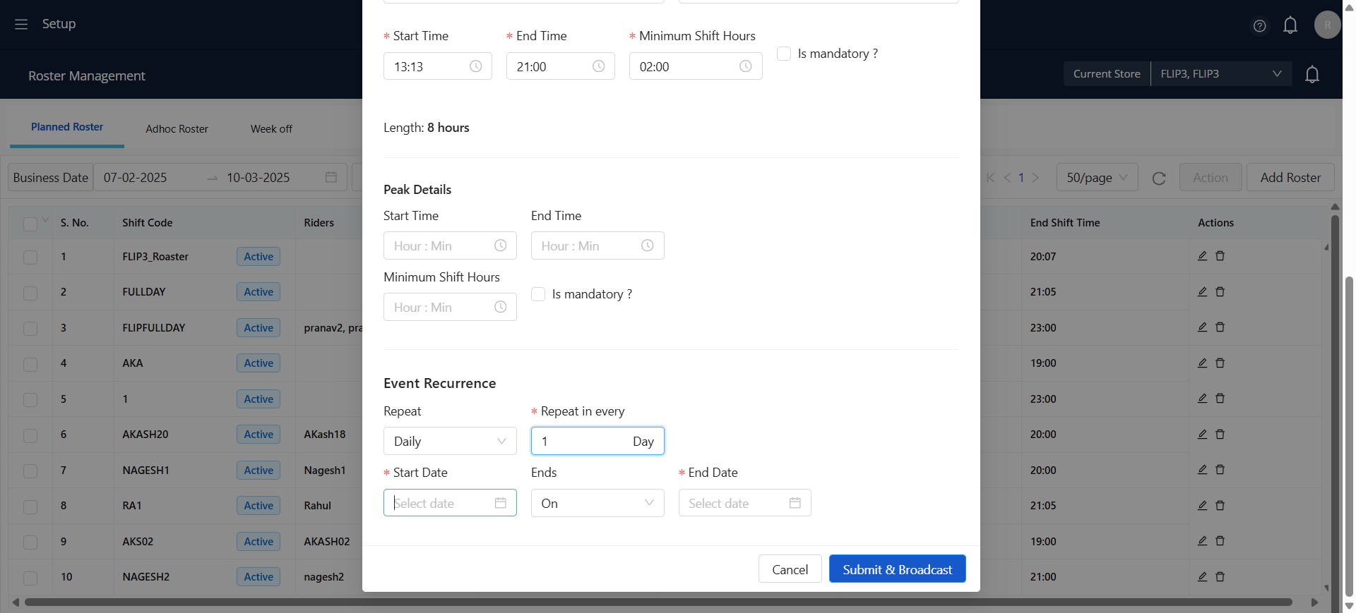 Step #32: Choose the date when the shift or event should begin.