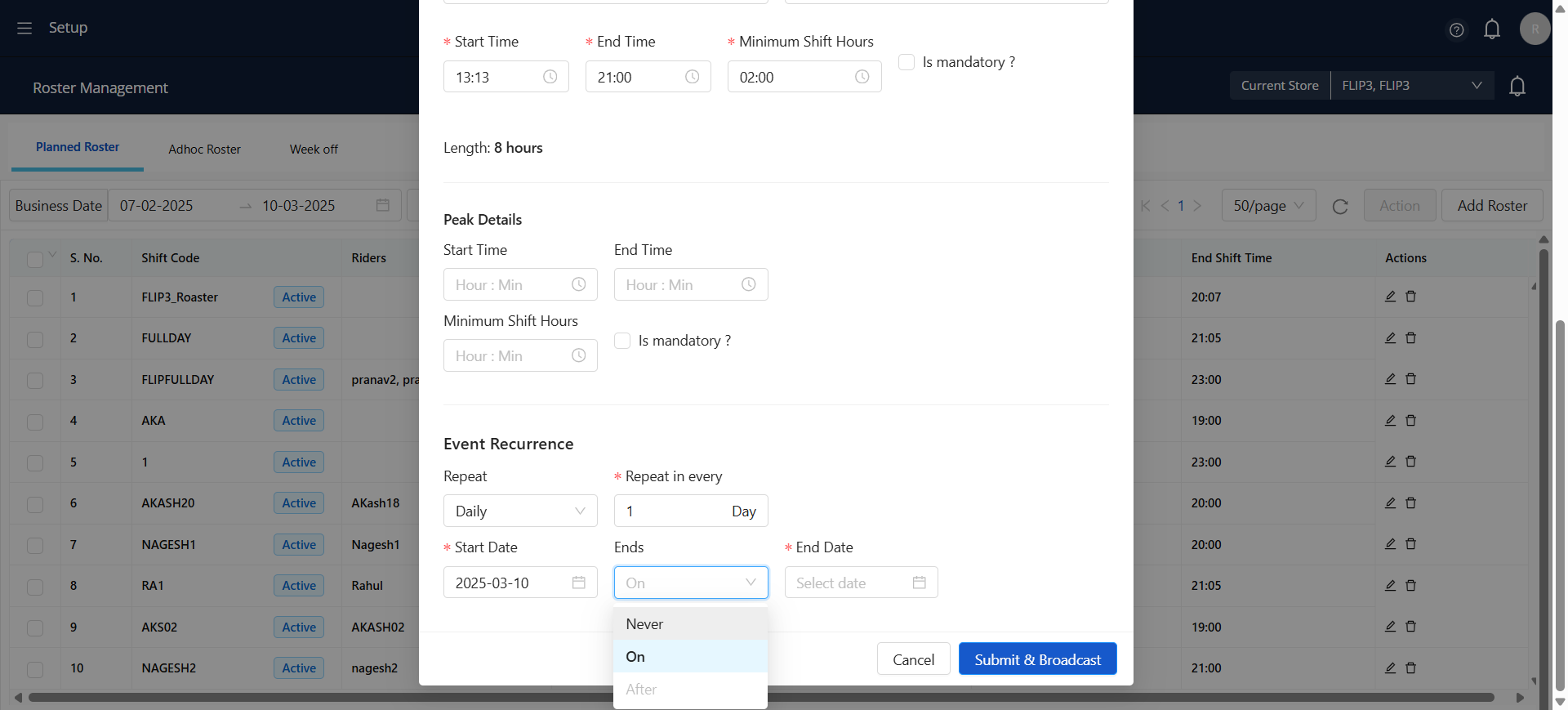 Step #33: Set the event or shift to continue indefinitely without a specified end date.