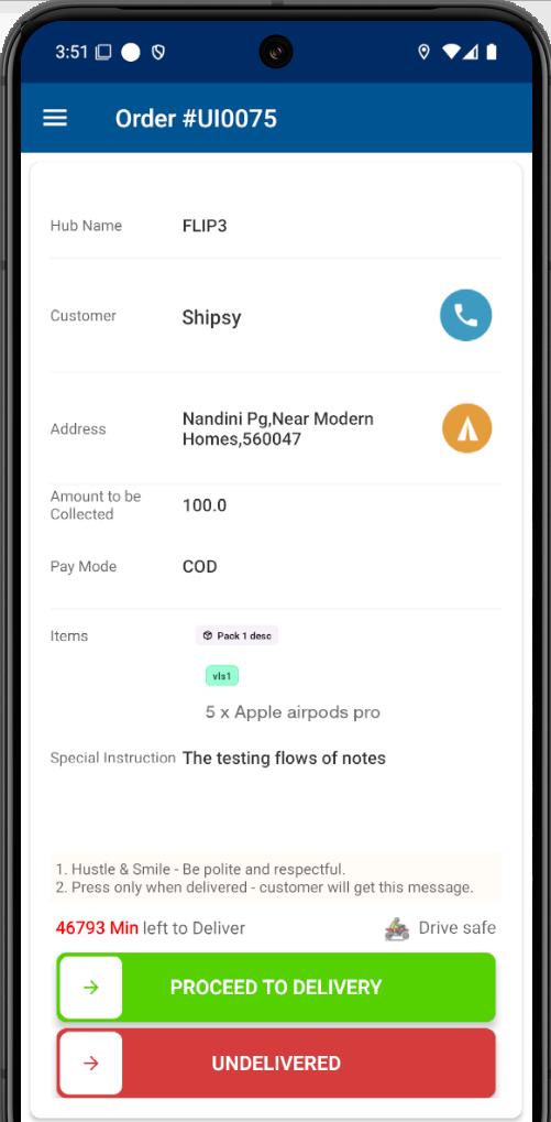Step #52: Retrieve the hub name, customer details, address, collected amount, and item list.