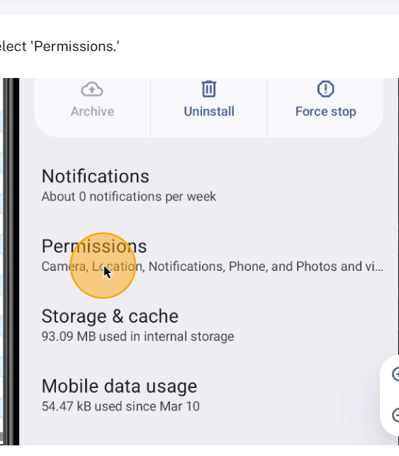 Step #43: Access the settings and select 'Permissions.'