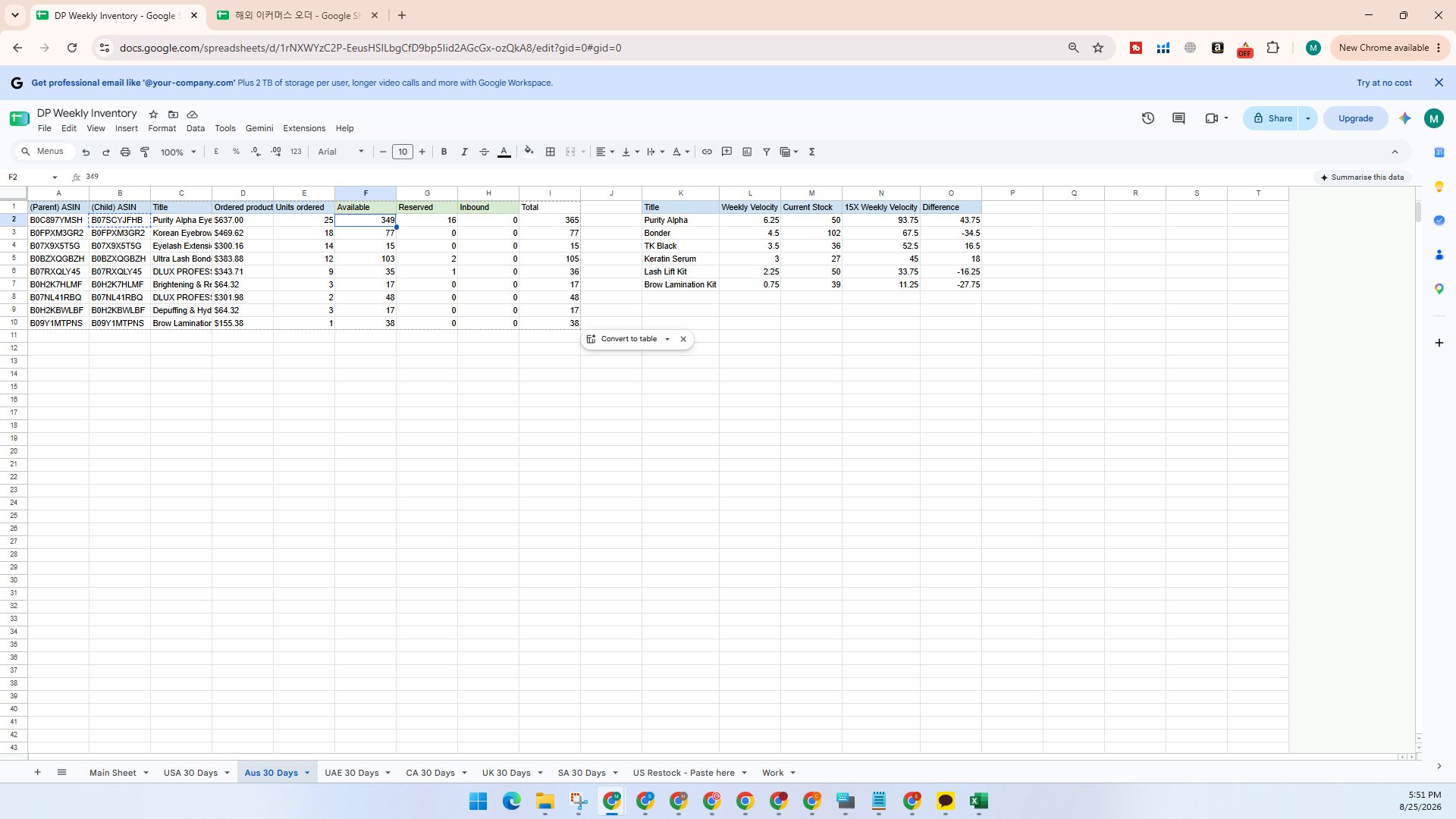Step #16: Switch back to Google Sheets and enter the units sold, available, reserved, and inbound stock into the marketplace sheet.
