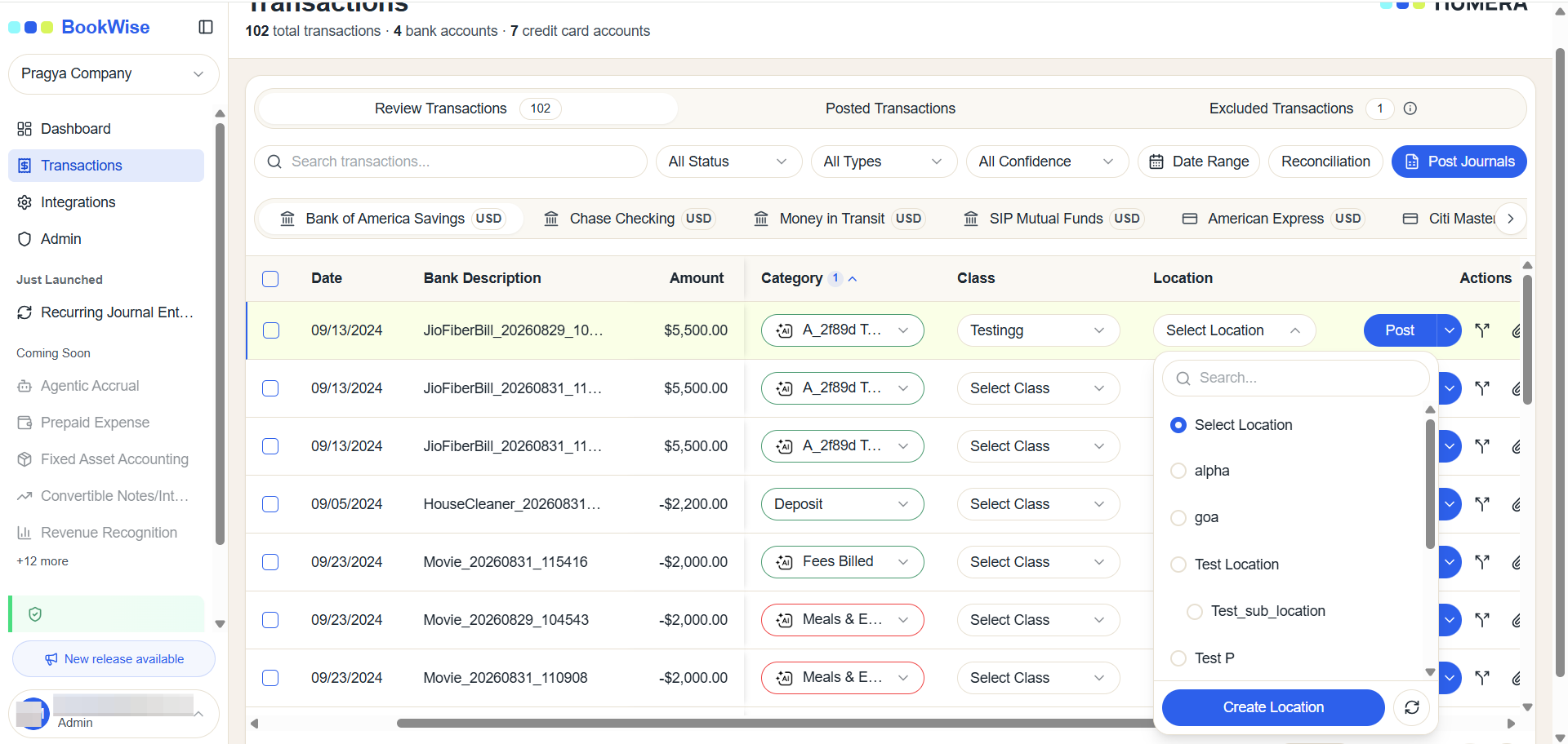 Step #2: Locate the transaction you want to update and click the Location dropdown to view the available locations.
