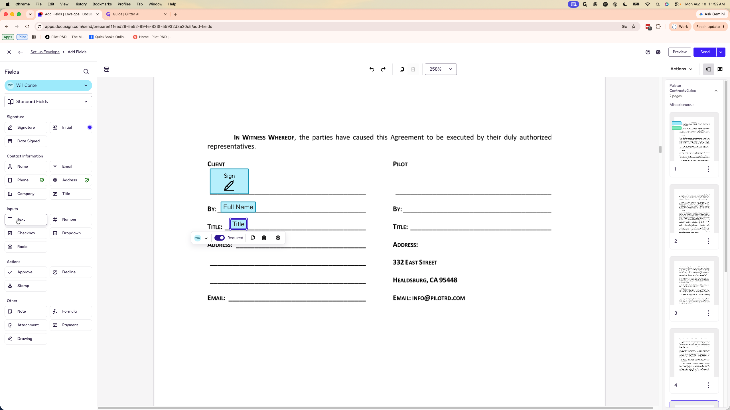 Step #26: Drag standard Text fields for the address and phone number instead of using DocuSign's pre-formatted address/phone blocks, which can be restrictive.