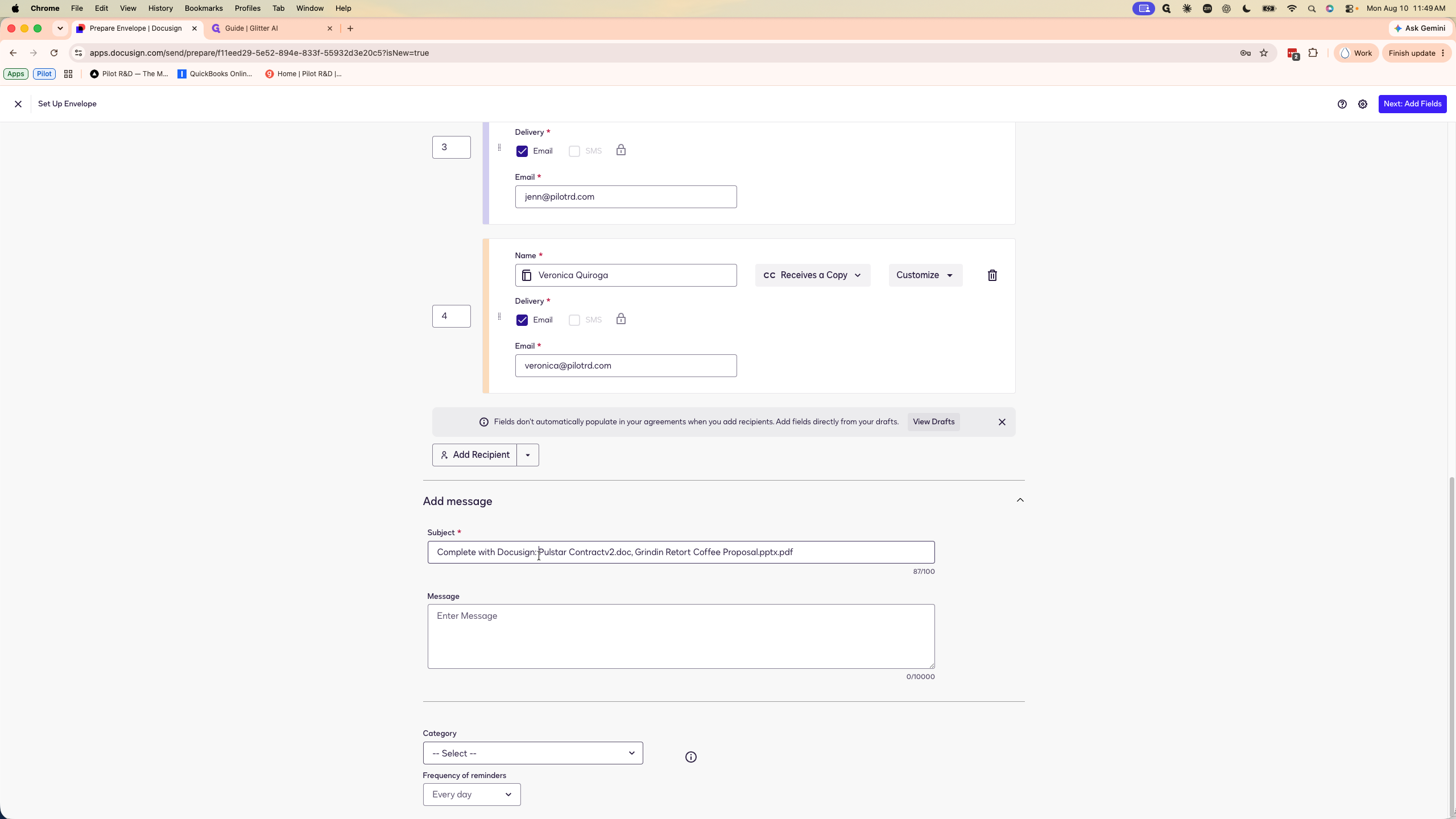 Step #12: Replace the default subject line with a clear subject, like "Pilot Services Agreement".