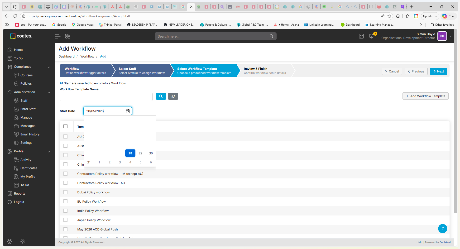 Step #11: Select your desired start date. Choose today's date to send the workflow immediately, or select a future date to schedule it in advance.