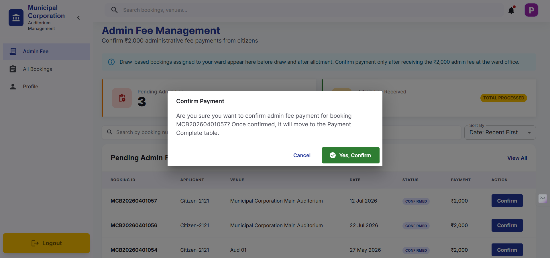 Step #4: then click on Confirm if payment has been made of Admin Fee
