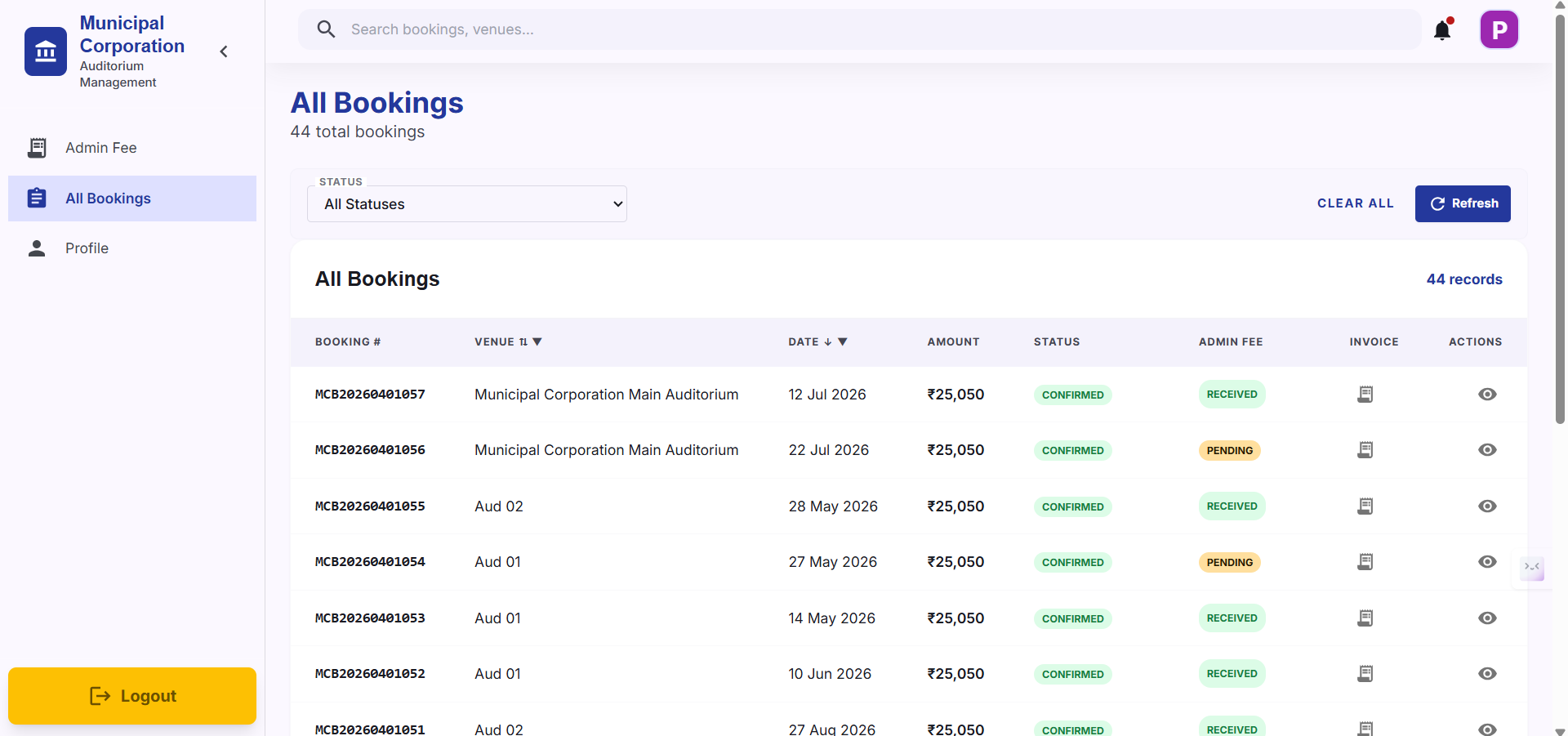 Step #6: All Bookings tab is used to show all bookings that have been made. It shows Admin Fee status as well. Filters are available to filter out required bookings out of all.