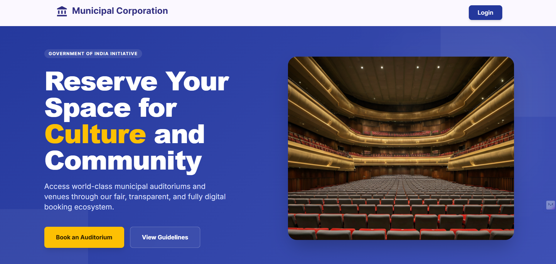 Step #1: Home page of Municipal Corporation, click on Login/Book an Auditorium to Login in it.