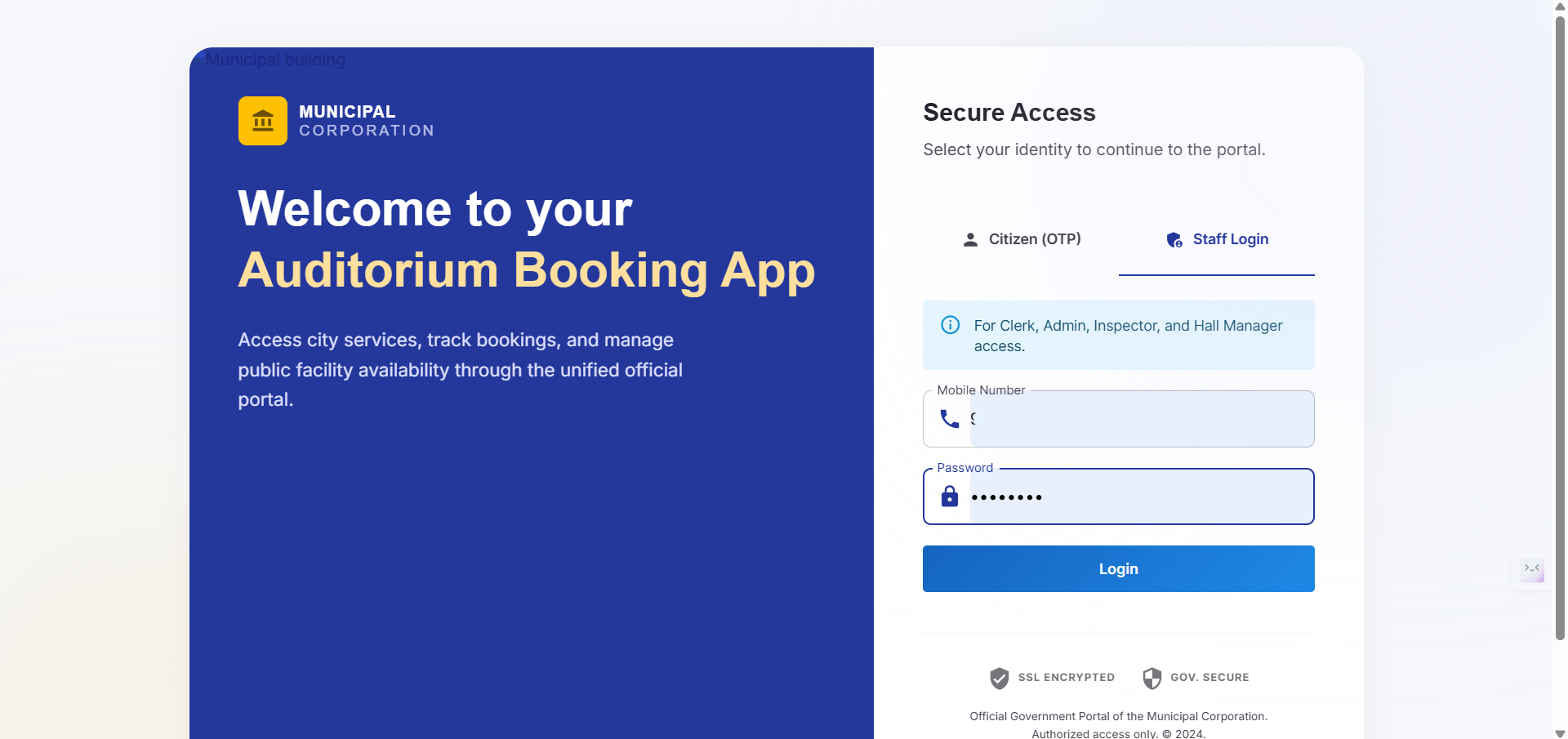Step #2: Navigate to the Staff Login tab, enter your mobile number and credentials, then click Login.