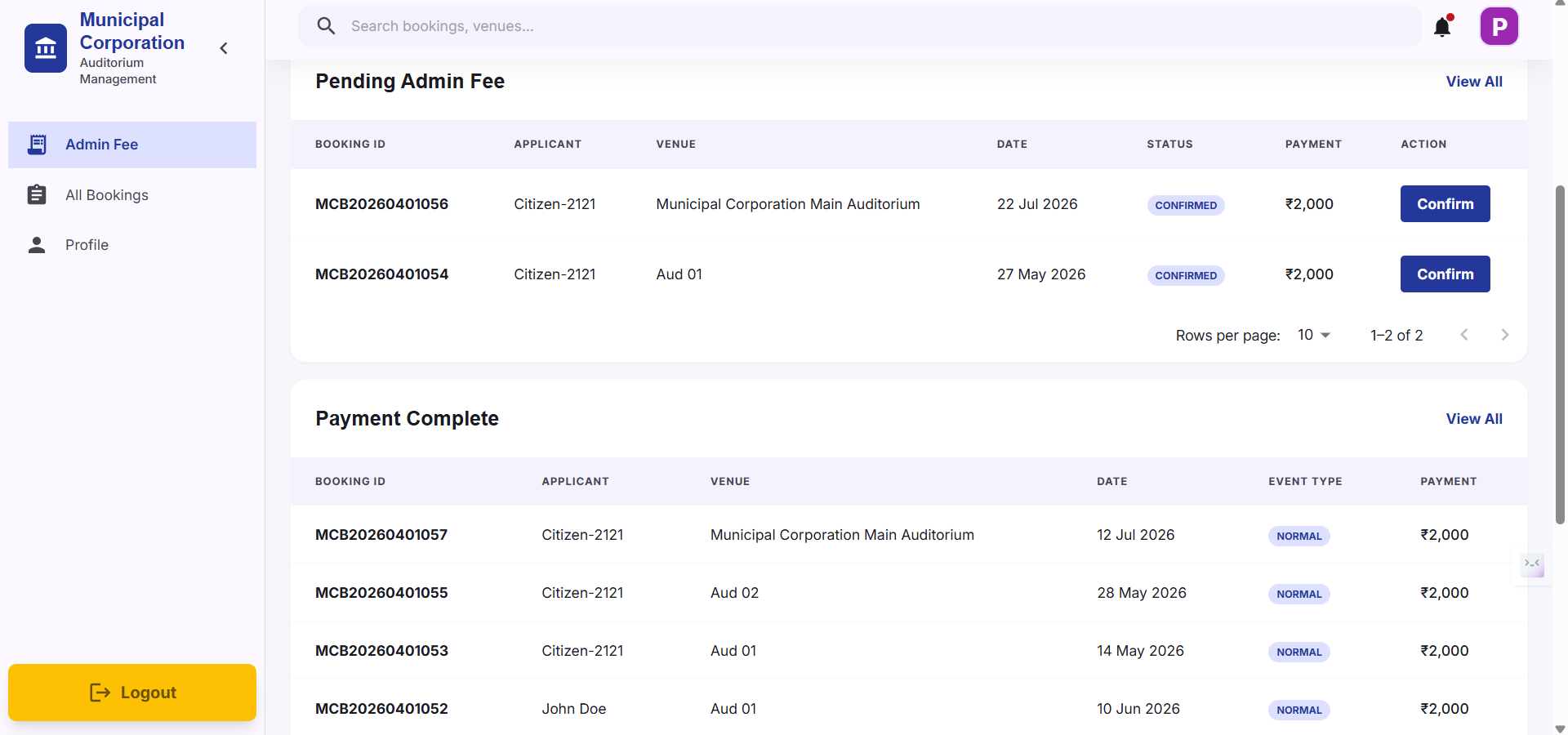 Step #5: Scroll down on Admin Fee tab, You will be able to have a look on Payment Complete which shows details of people who have paid Admin Fee and is accepted by ward inspector