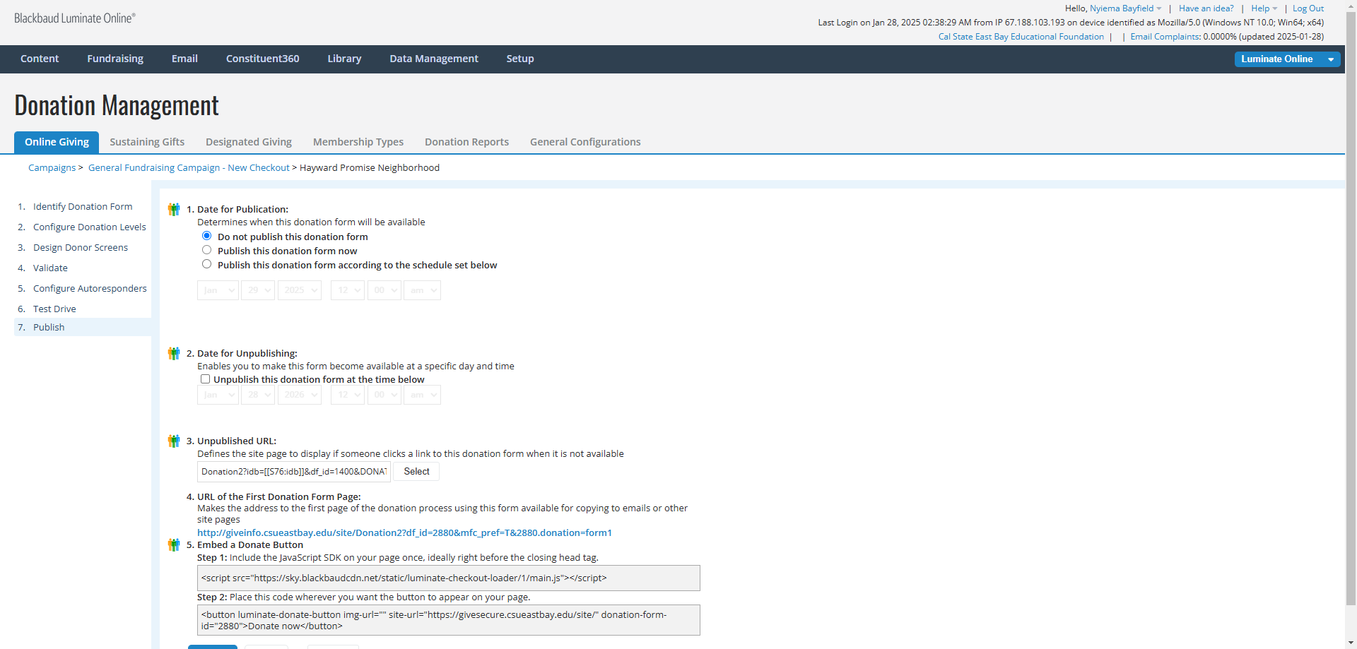 Step #23: Click on the radio button next to "Publish this donation form now"