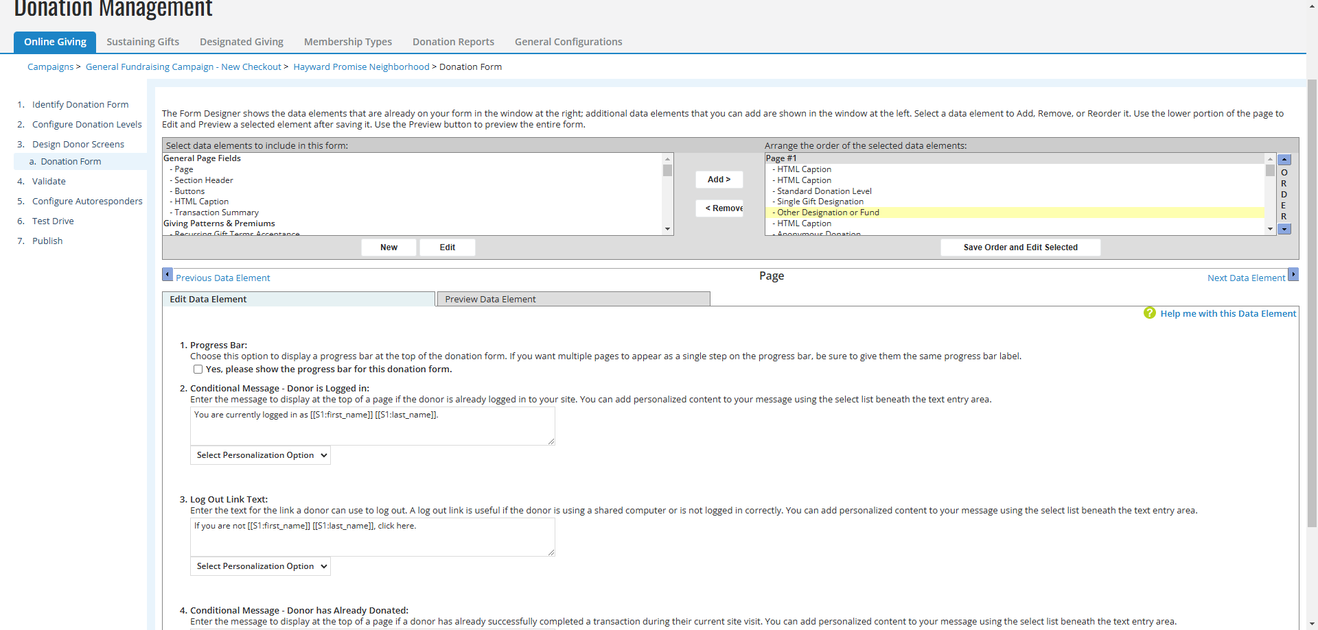 Step #10: In the top right panel, Click on "Other Designation or Fund" to specify where the new HTML Caption element should be inserted into the donation form.