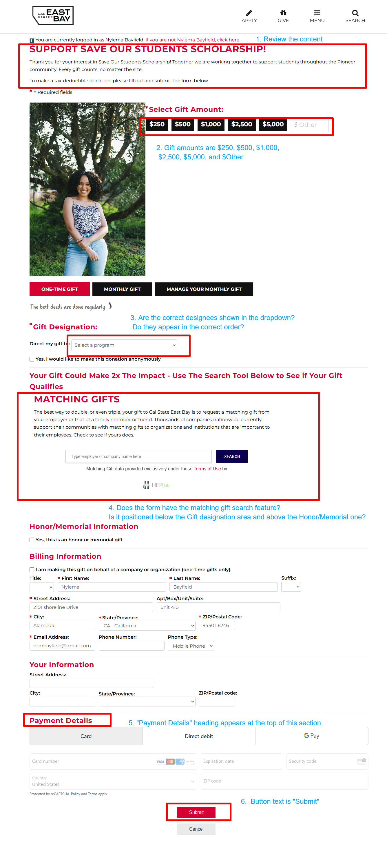 Step #17: When previewing the form, review each of the areas and items listed below.