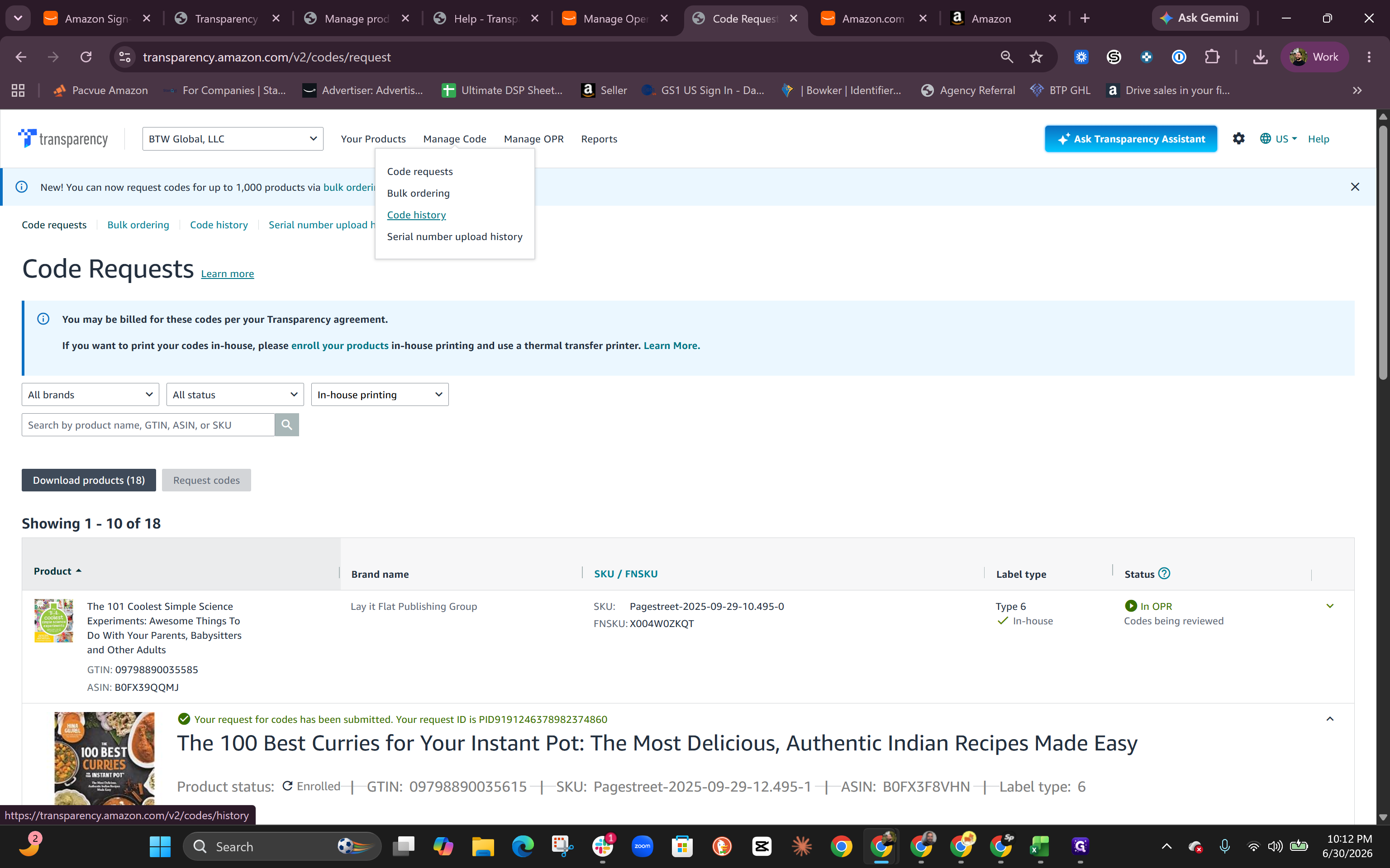 Step #8: Navigate to Code history to confirm your batch of codes was successfully generated.