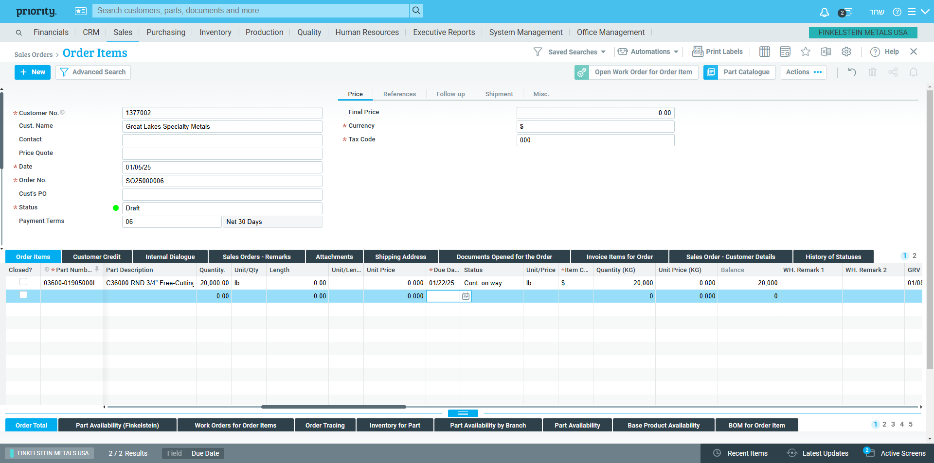 Step #24:  If we try a different date, we see that on January 22nd, it is possible to fulfill the order.The Status field on the right indicates that the material is currently in "Cont. on way". This suggests that the material will arrive before the delivery date set for the customer.This field will perform the calculation and enter the status automatically in the order line after we have left the line