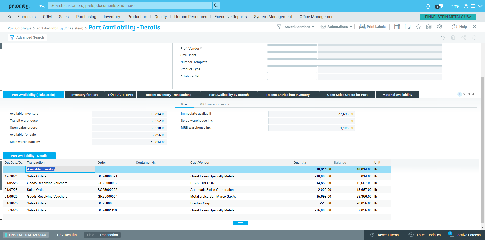 Step #17: Click on "Part Availability - Details"- The first row shows that the available inventory today is 10,814 pounds. 