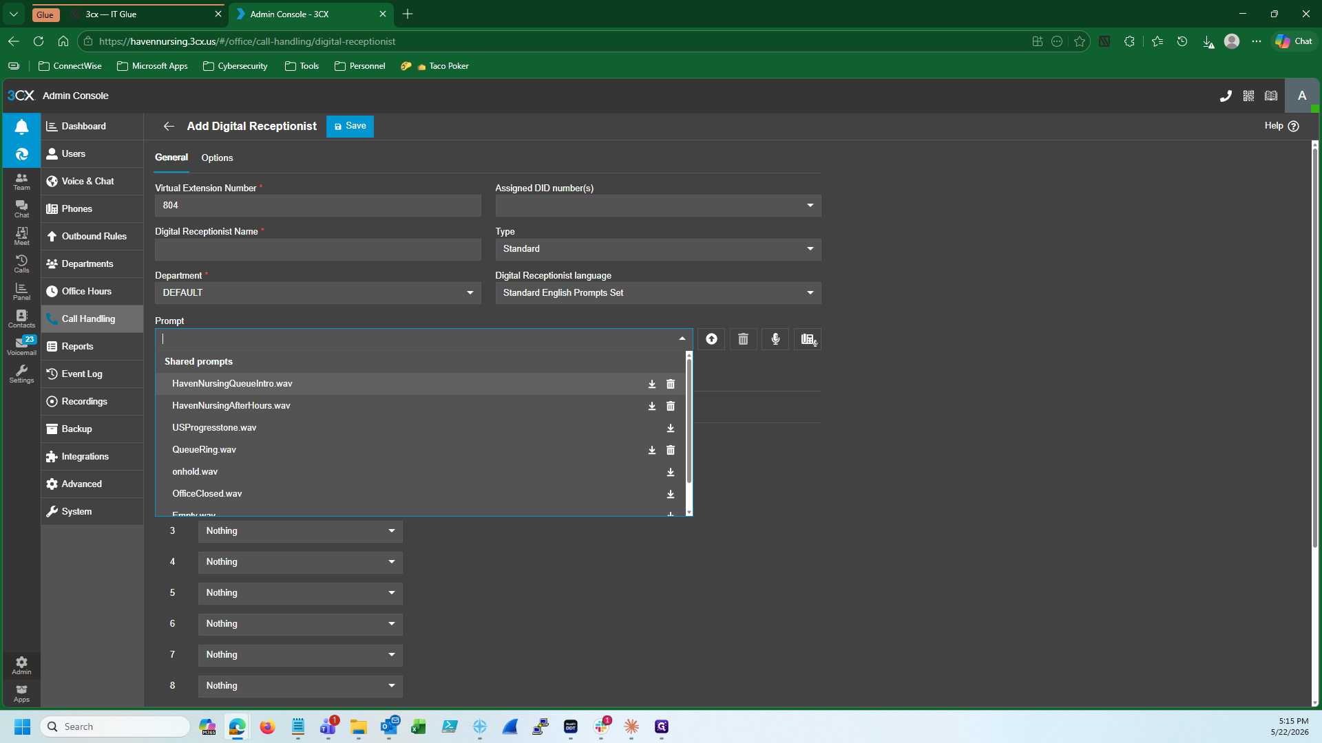 Step #27: Open the Prompt dropdown and select the requested greeting file.