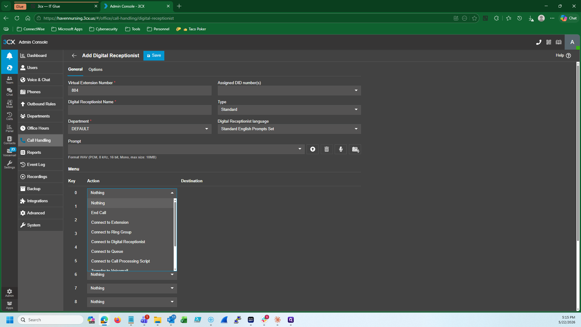 Step #28: Map caller key presses to their designated routing actions (e.g., forward, transfer, or end call) and save.