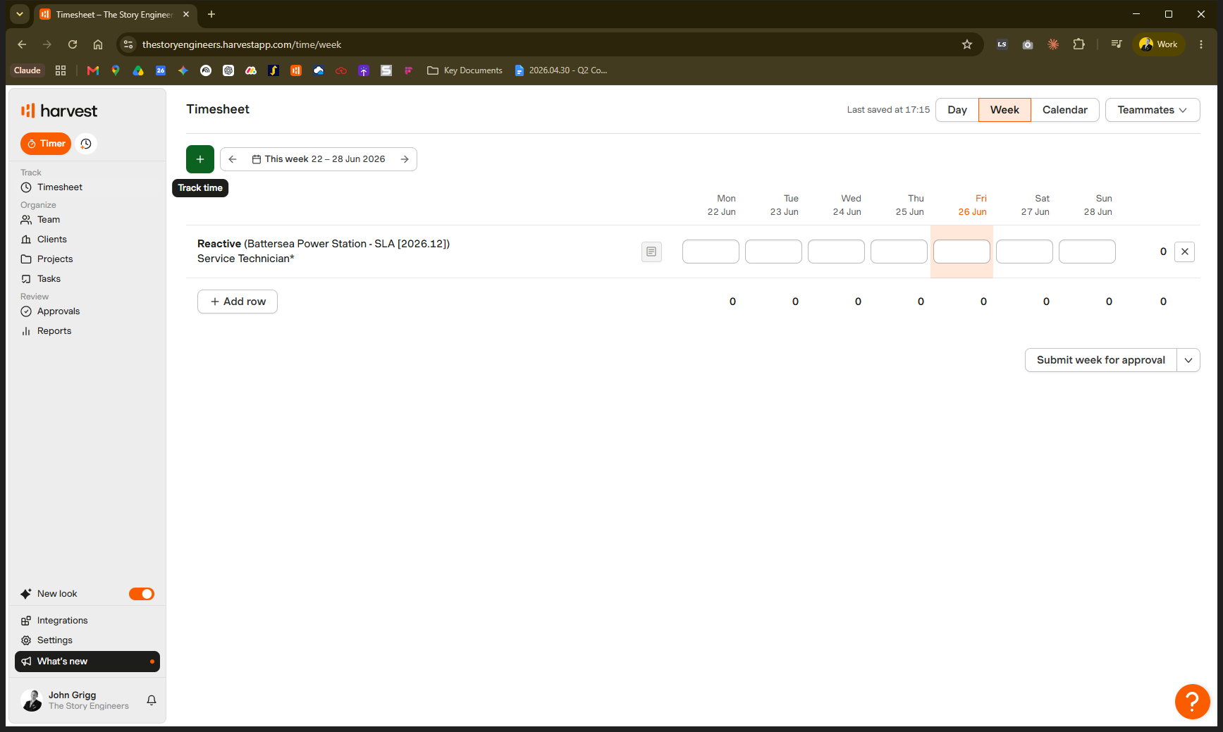 Step #1: Click + in the weekly view to add a new row to your timesheet.