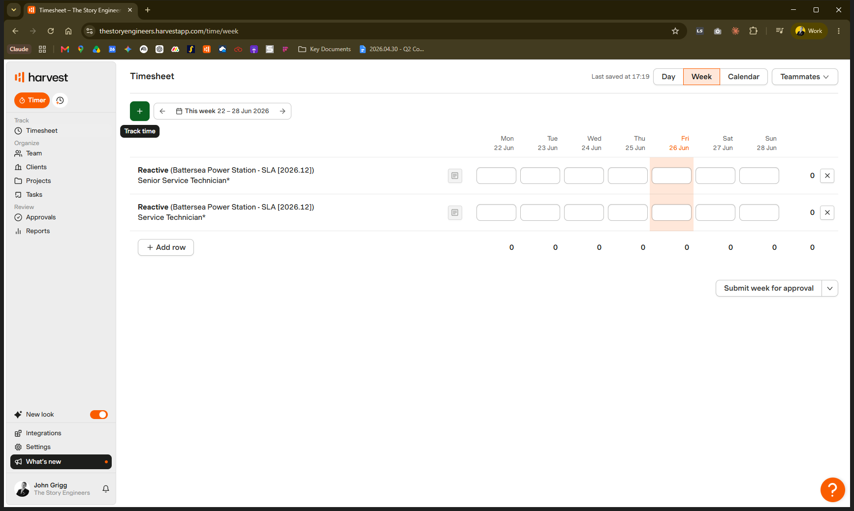 Step #5: Click + to add another row to your timesheet.