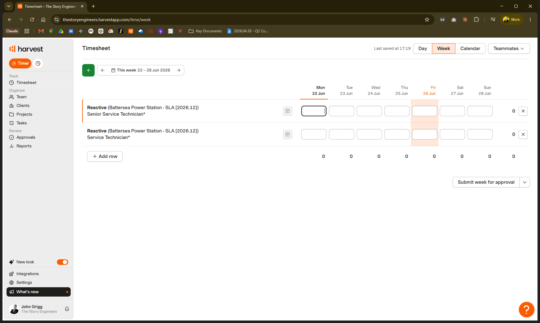 Step #8: Click on the corresponding day's entry field and type your hours (e.g., entering 7.5 will format to 7:30).