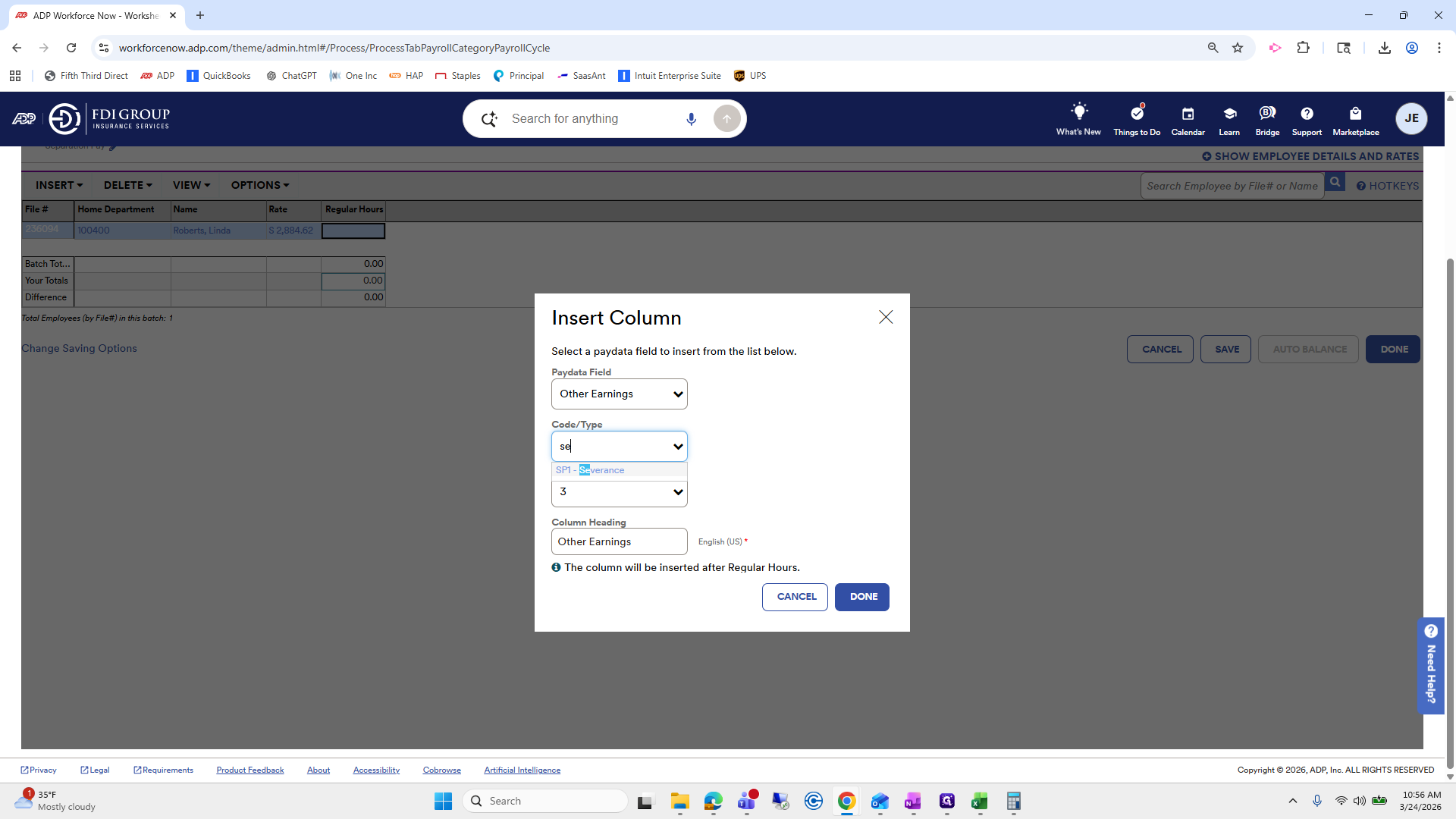 Step #121: Click on "SP1 - Severance"