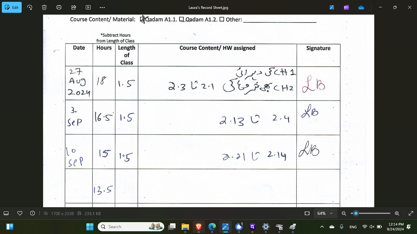 Step #7: On September 3rd and September 10th, each class was 1.5 hours. That's a total of three hours of class.