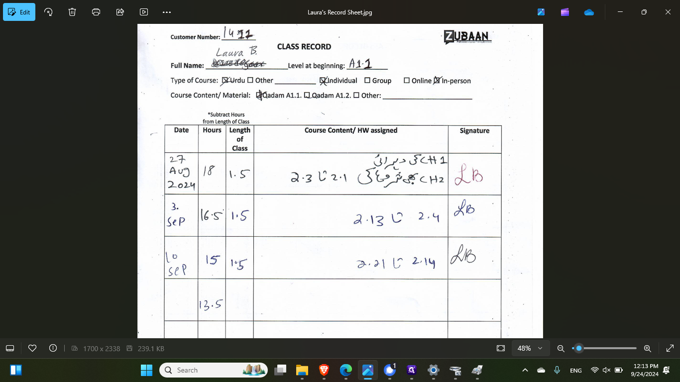Step #5: Look at the number in the empty spot beneath the last class. Here, it's 13.5. Input that number into the lessons left.