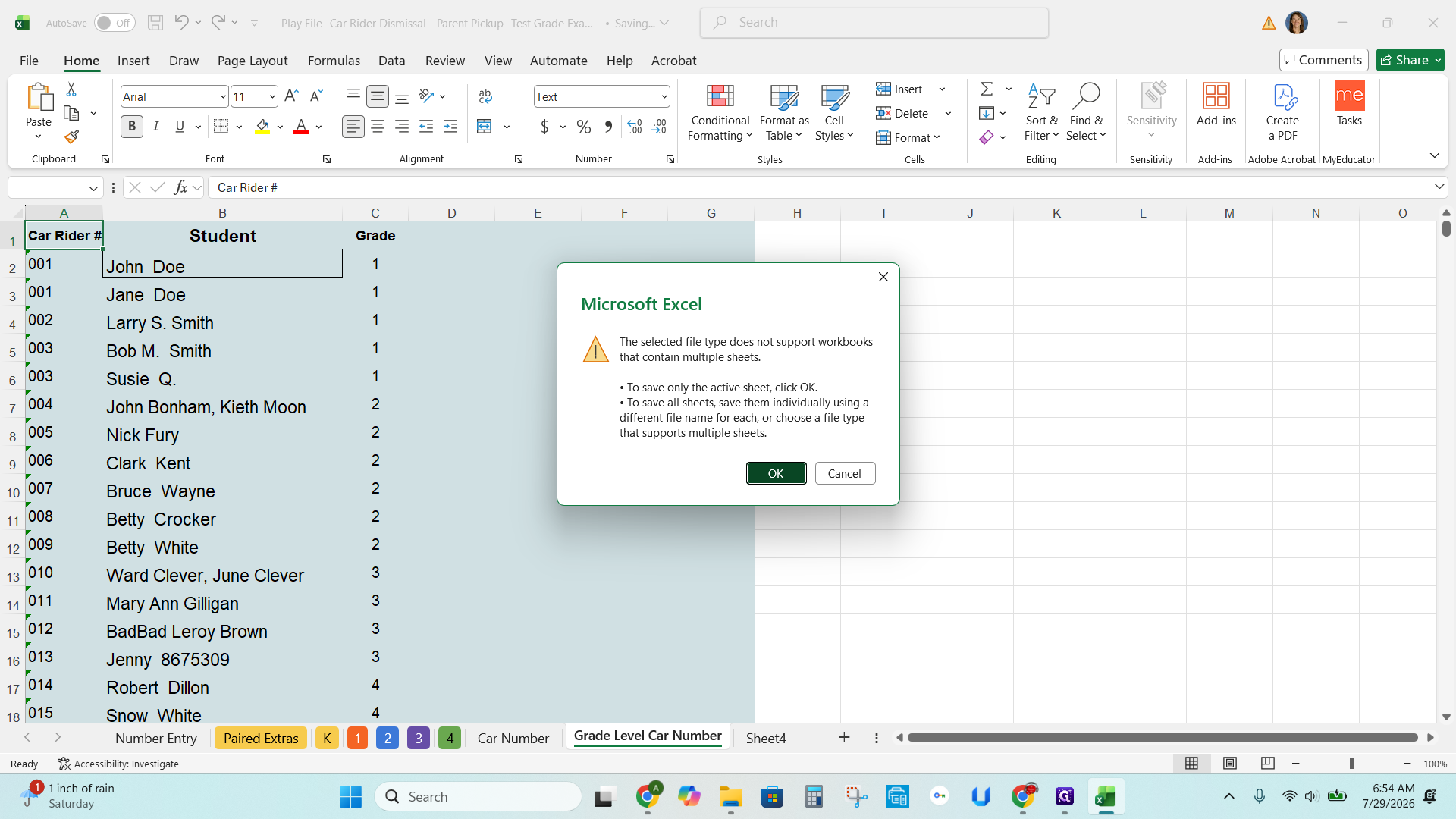 Step #12: Click OK on the warning prompt to confirm that only the active sheet will be saved.