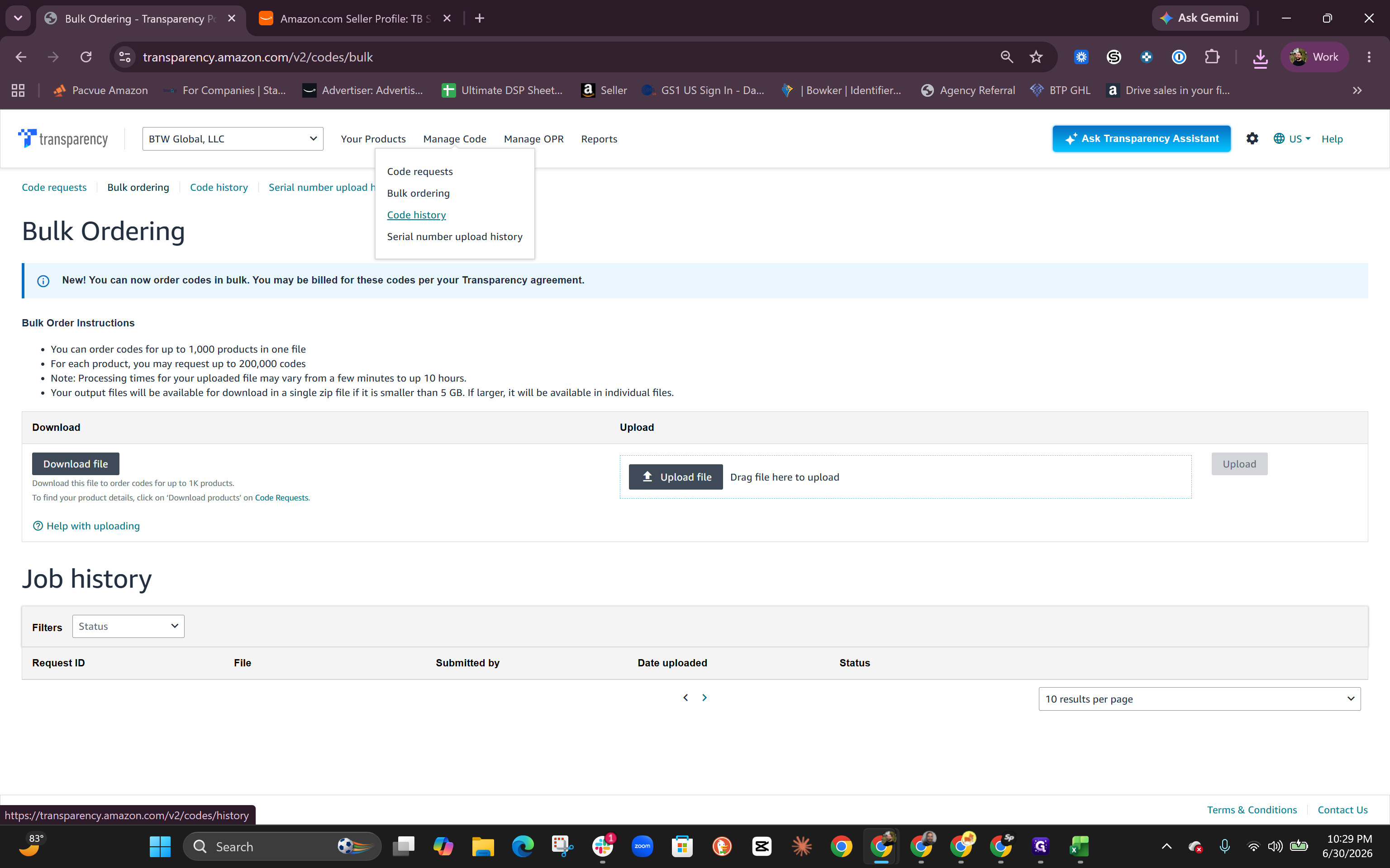 Step #9: Navigate to Code history to track your purchase order and retrieve your generated codes once processed.