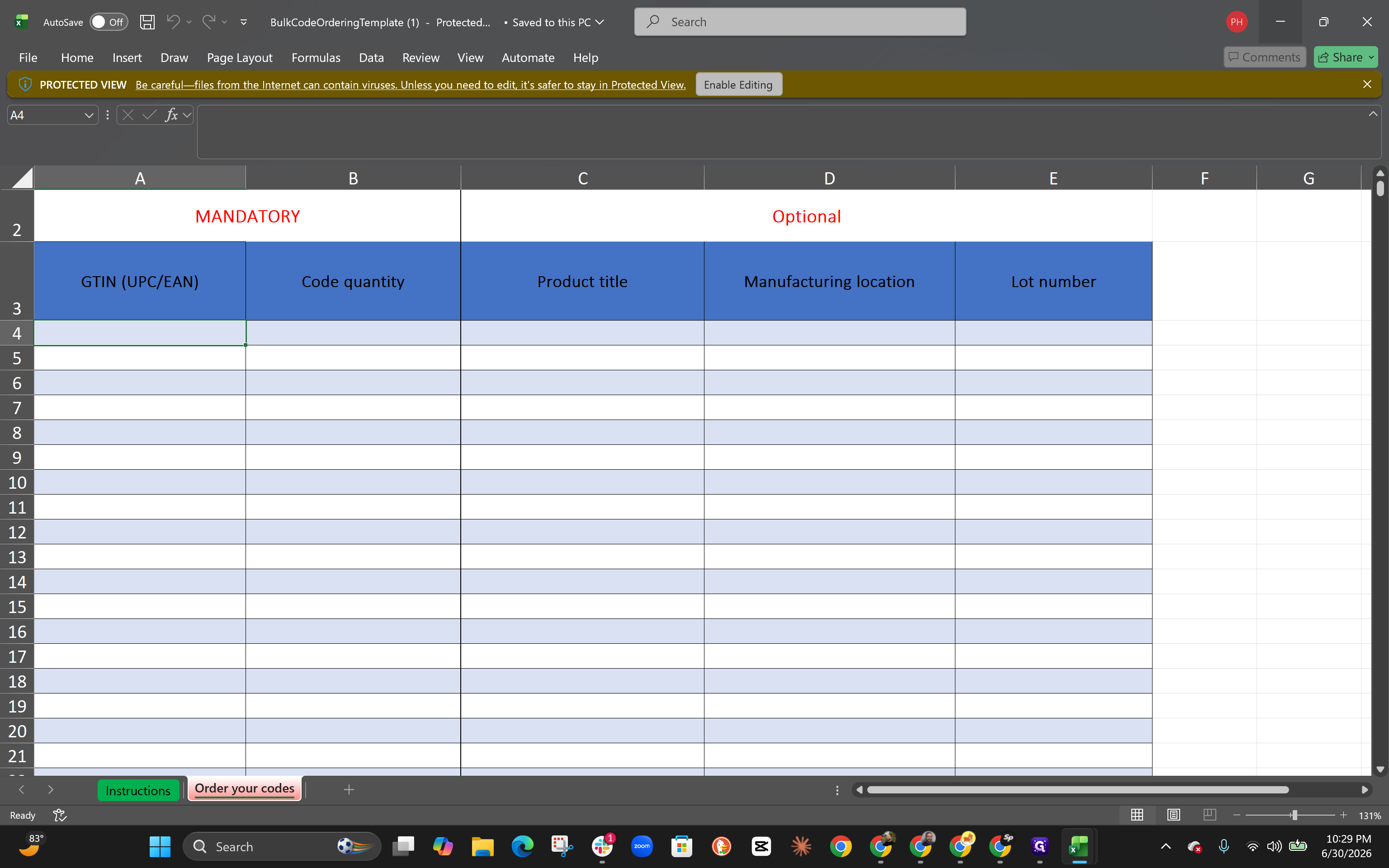 Step #8: Open the bulk ordering template you downloaded earlier, paste your copied GTINs into the required column, and enter the quantity of codes you want to purchase for each.