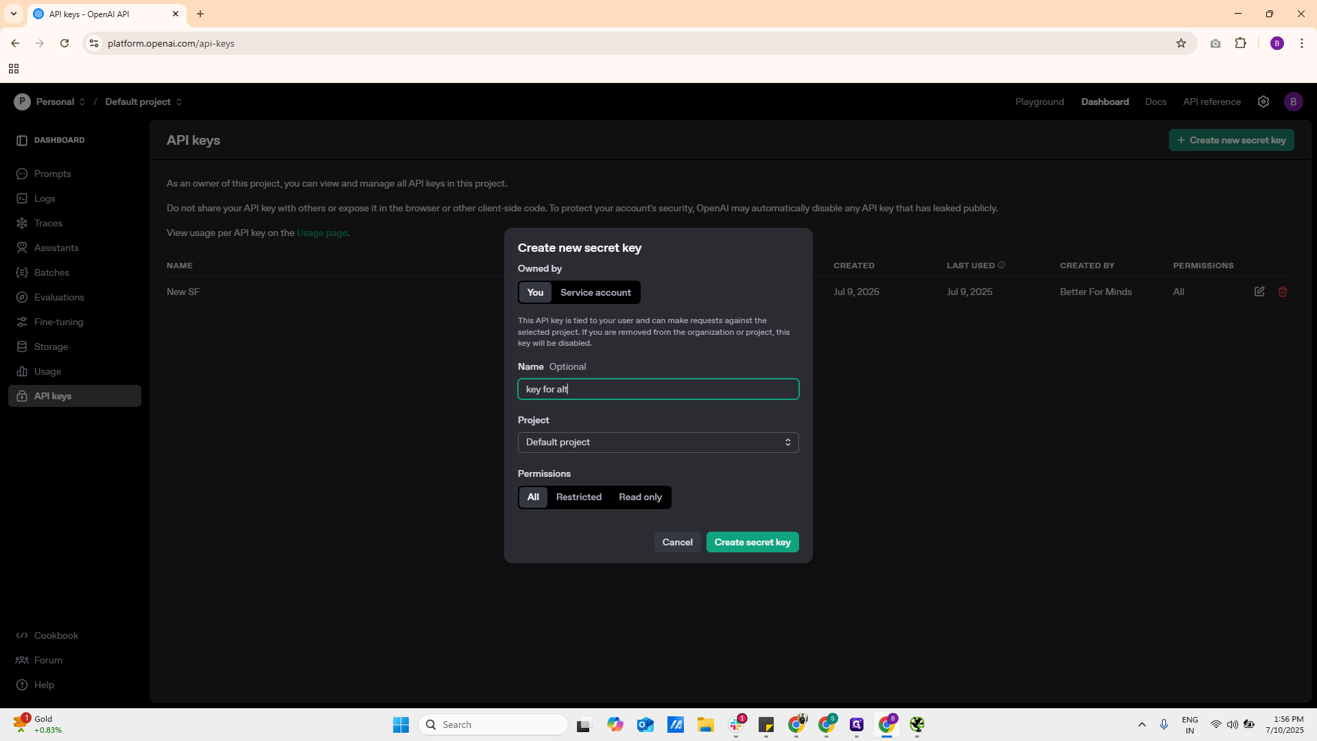 Step #2: Click on "Create secret key"