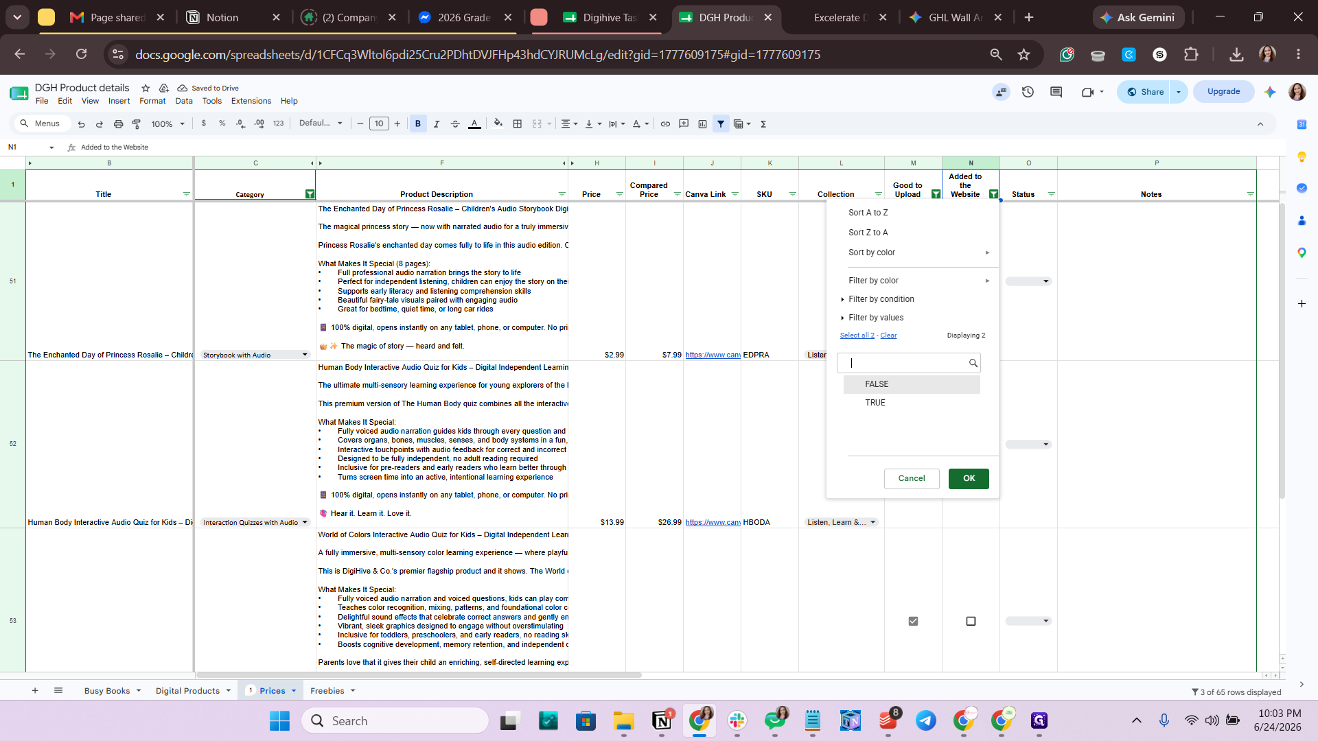 Step #2: Click the filter for the Added to the Website column and select False.
