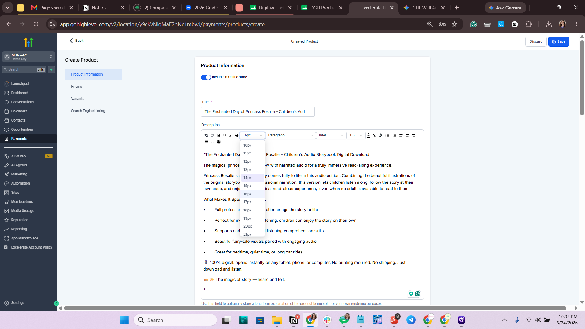 Step #8: Select all text in the description and change the font size to 14px.