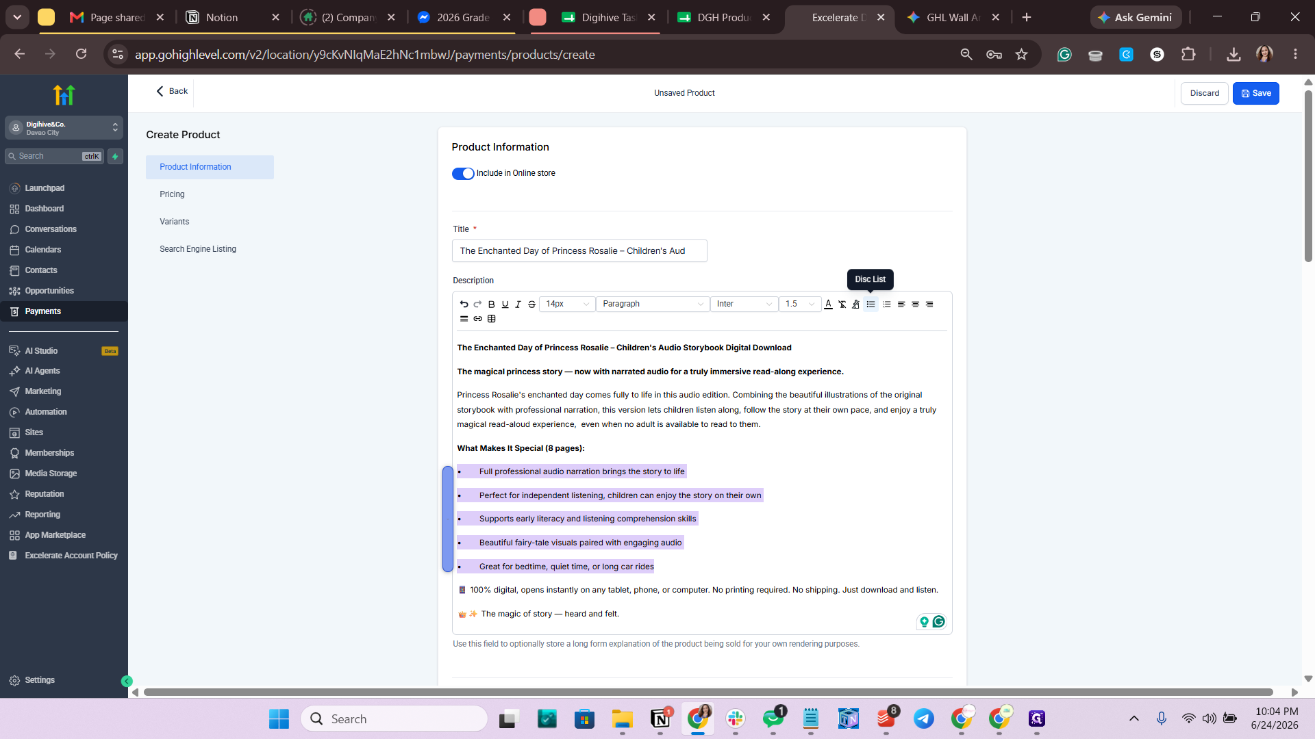 Step #10: Select the feature points and apply the bulleted list format from the toolbar, deleting any extra spaces for a clean look.