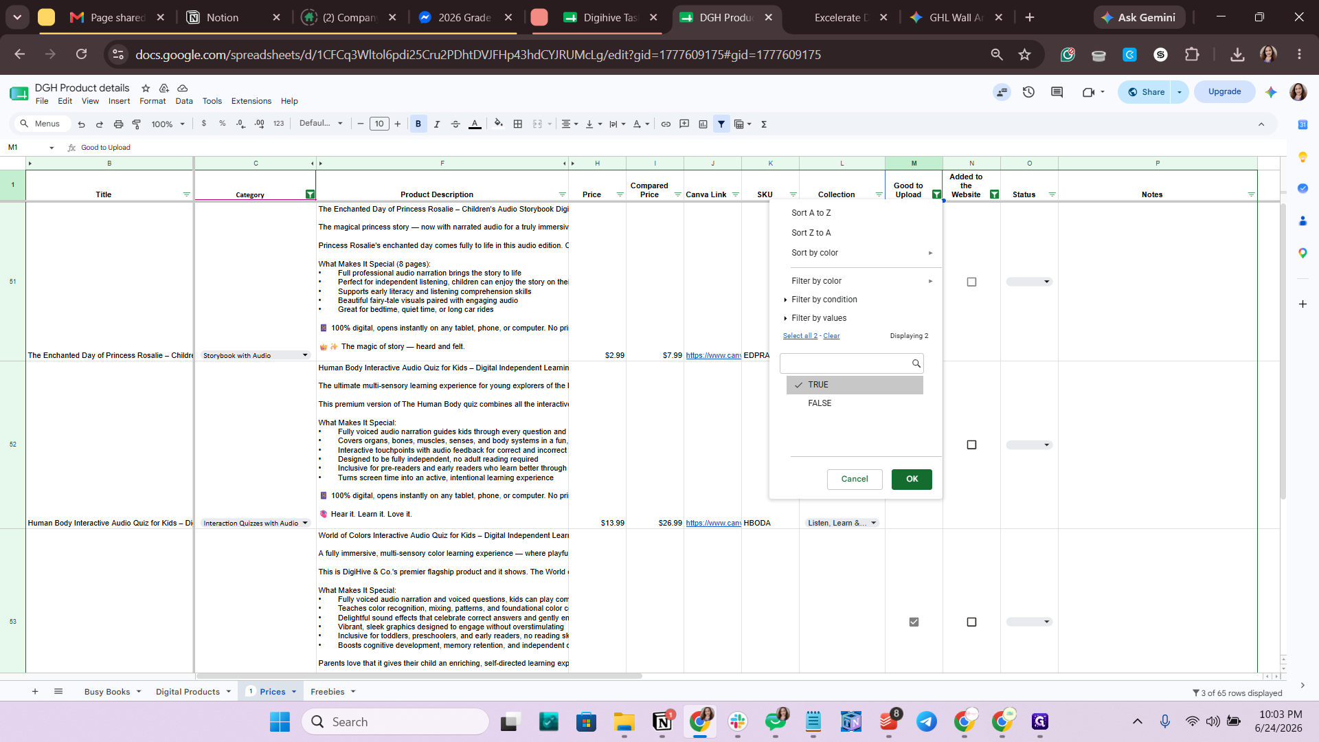 Step #1: Click the filter for the Good to Upload column and select True.
