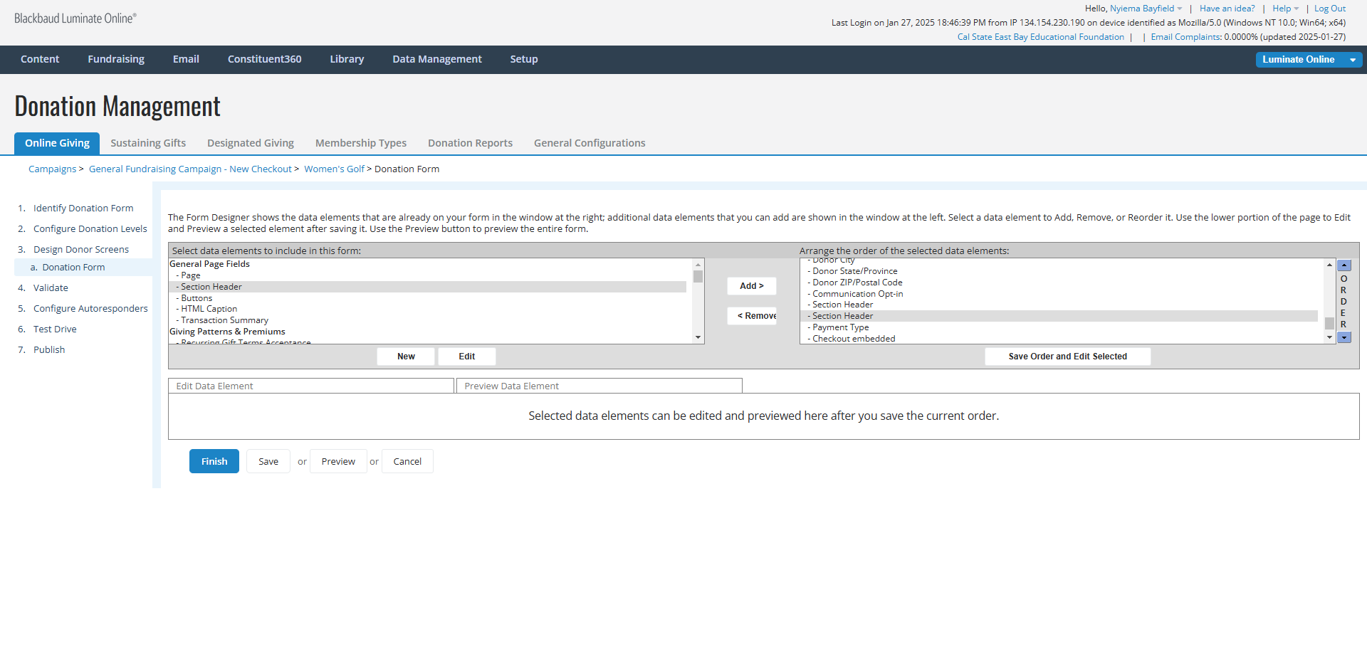 Step #7: A new "Section Header" element should now appear above the "Payment Type" element. Click on "Save Order and Edit Selected"