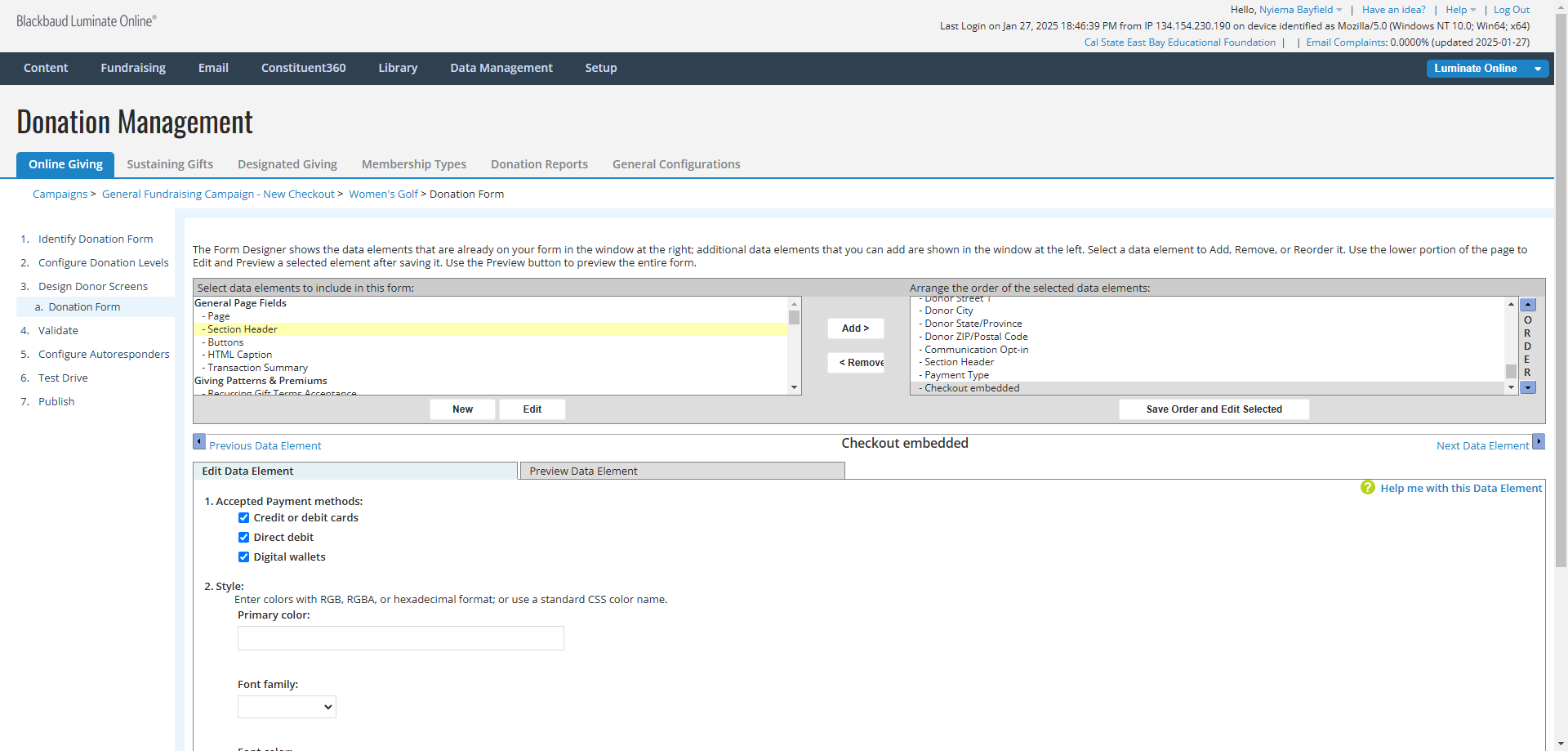 Step #6: In the top left panel, Click on "Section Header". In the top right panel, Click on "Payment Type". Click on "Add>".