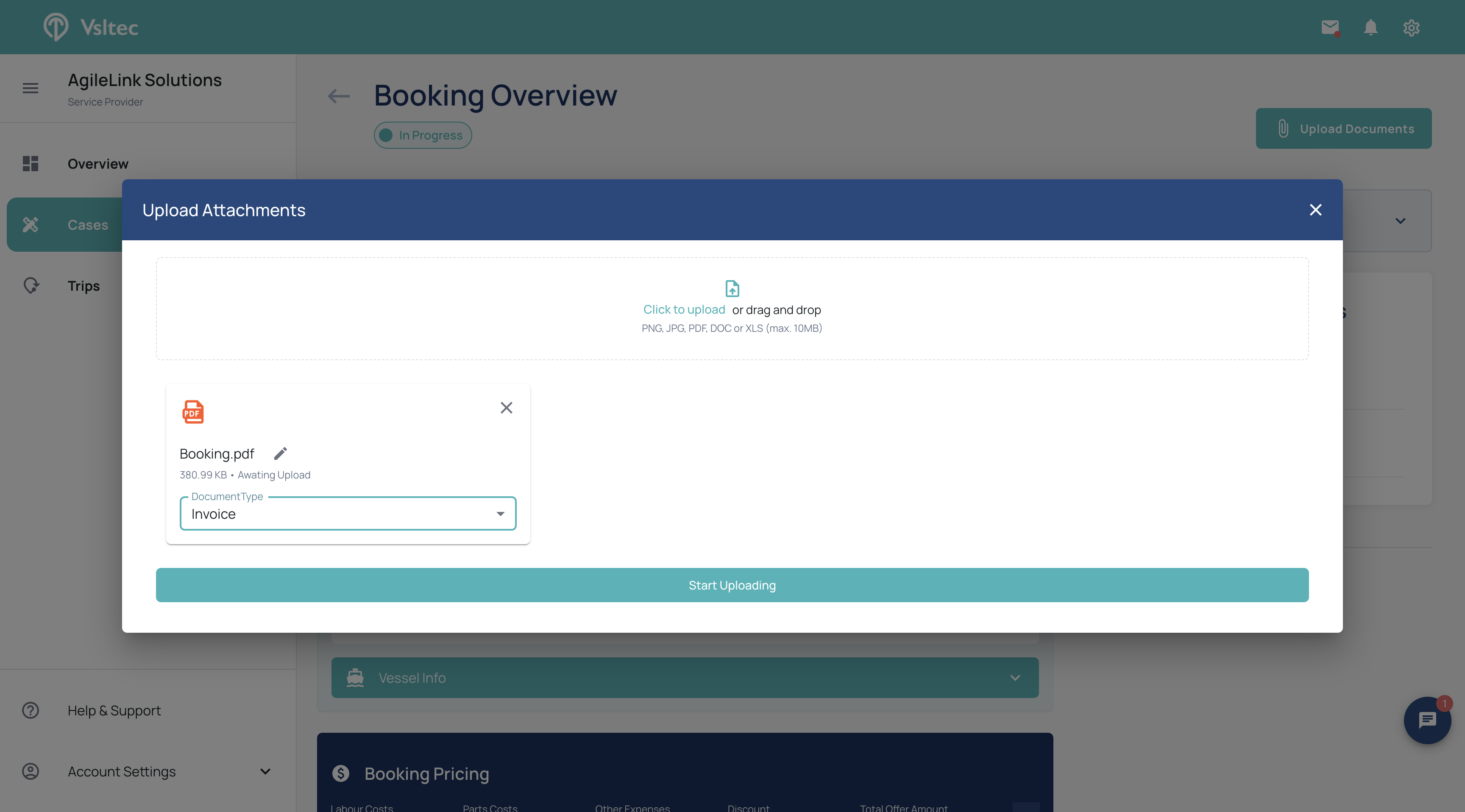 Step #8: Select the type of document you're uploading to the booking.