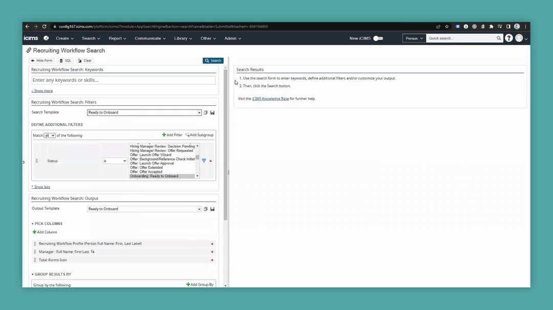 Step #6: Click the 'Search' button located at the top of the 'Recruiting Workflow Search' panel.