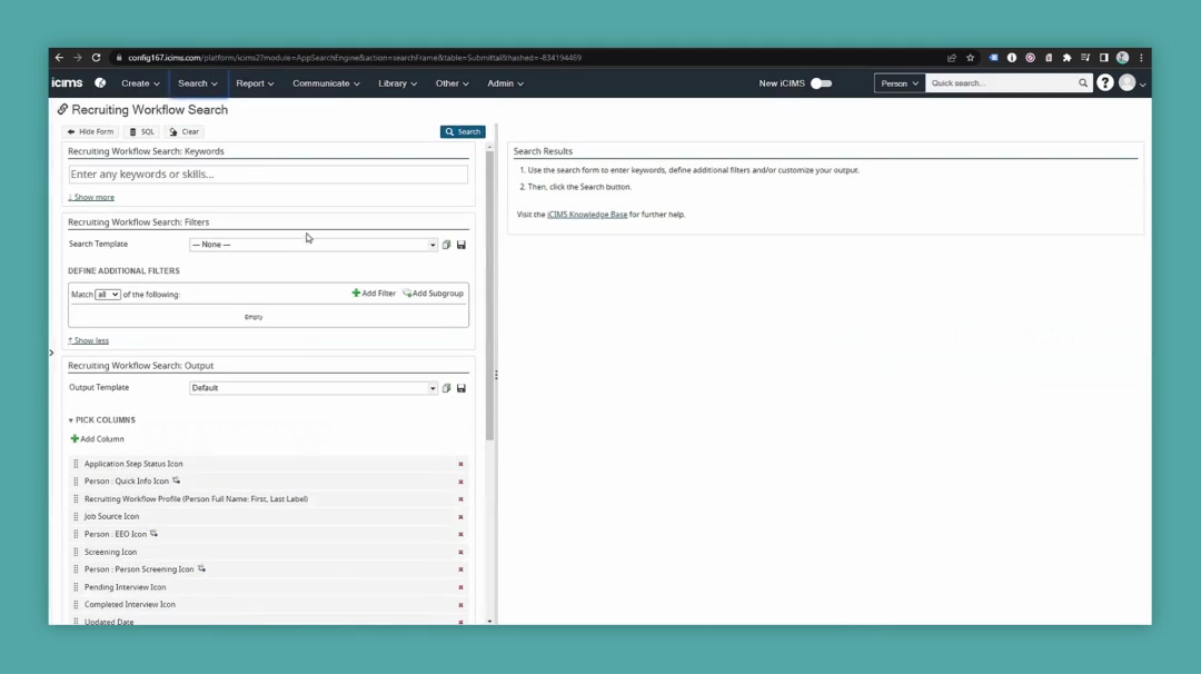 Step #4: Click the 'Search Template' dropdown menu located under 'Recruiting Workflow Search: Filters'.
