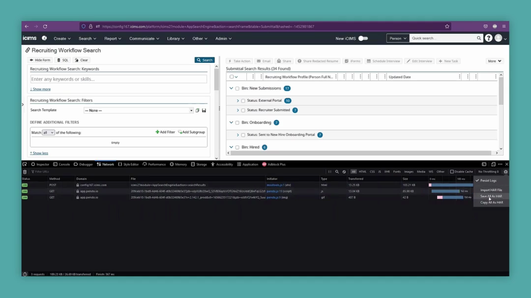 Step #33: Click 'Save All as HAR' from the context menu in the Developer Tools Network tab.