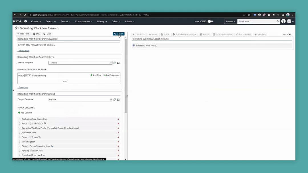 Step #19: Click the 'Search' button again, located at the top right of the 'Recruiting Workflow Search' panel, to run a general search.