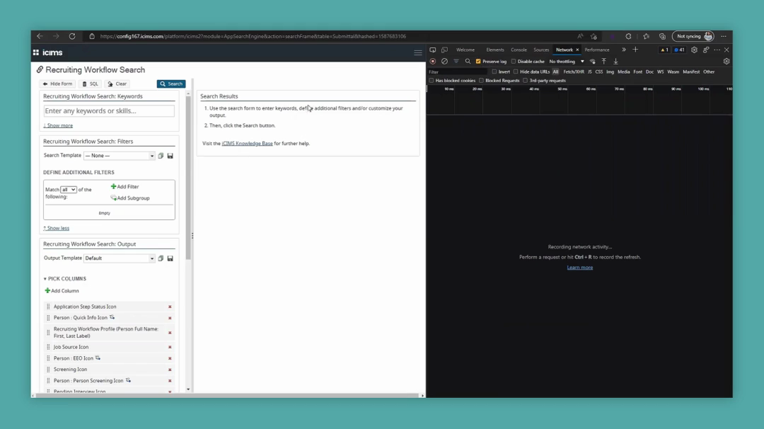 Step #43: Click the 'Search' button in the 'Recruiting Workflow Search' panel on the left side of the screen.