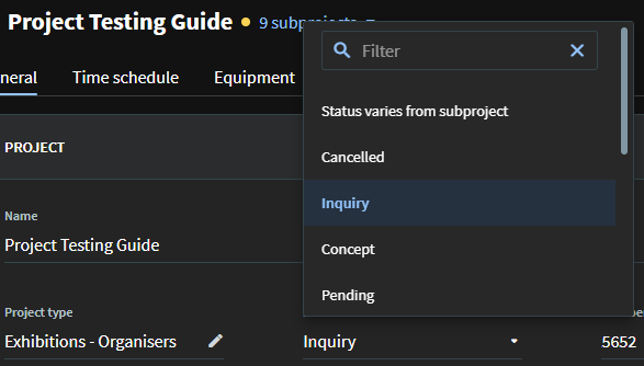 Step #9: Next you will be updating the status of the project. The status will reflect what life cycle stage the project is at. All new projects will automatically begin at inquiry, this will need to be updated as the project progresses.
