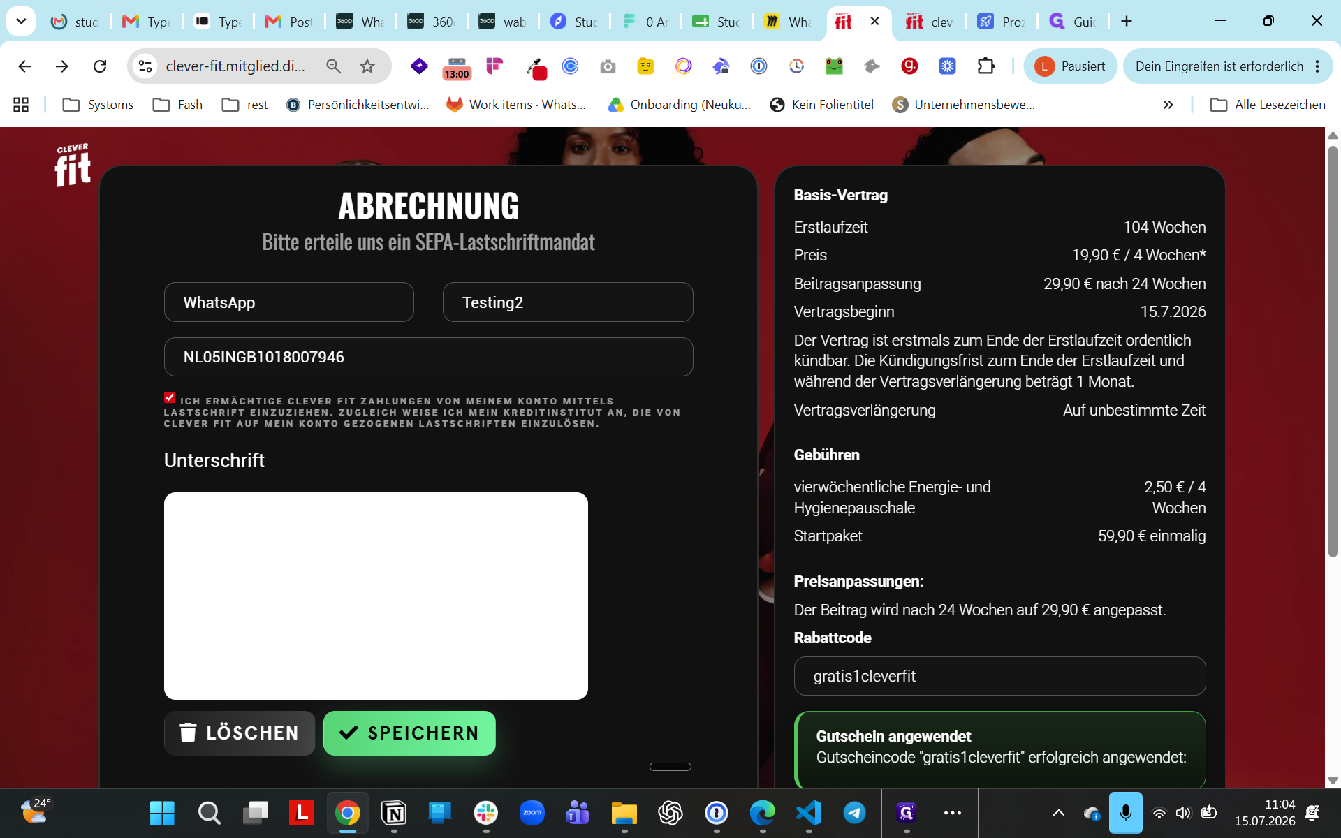 Step #1: Geben Sie auf der Registrierungsseite des Teststudios die erforderlichen Mitgliedsdaten sowie eine Test-IBAN ein, hinterlegen Sie Ihre digitale Unterschrift und klicken Sie auf Speichern.